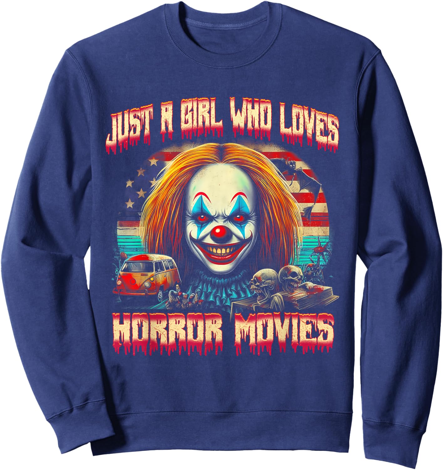 Vintage Just Girl Who Loves Horror Movies Clown Halloween Sweatshirt - Sweatshirt | Navy