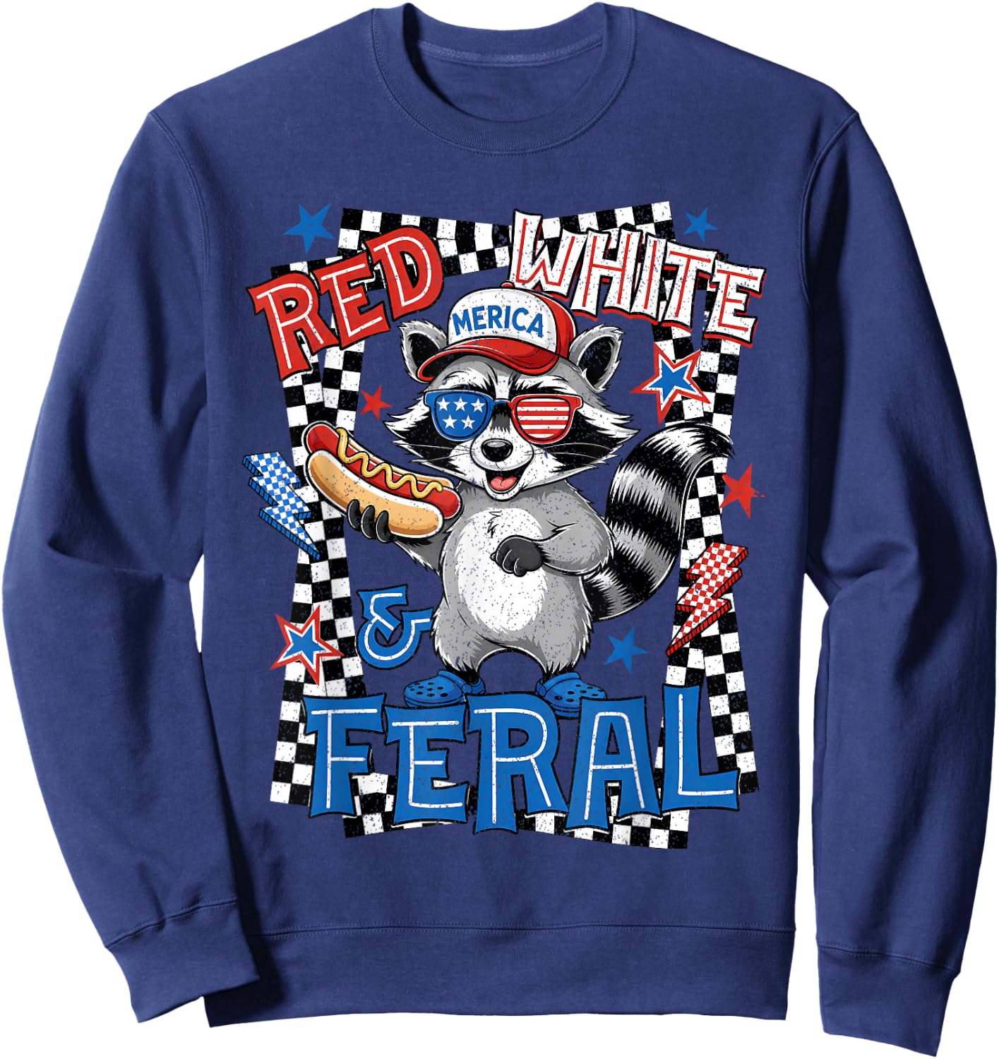 Red White & Feral American 1776-2026 Raccoon 4th of July Sweatshirt - Sweatshirt | Navy