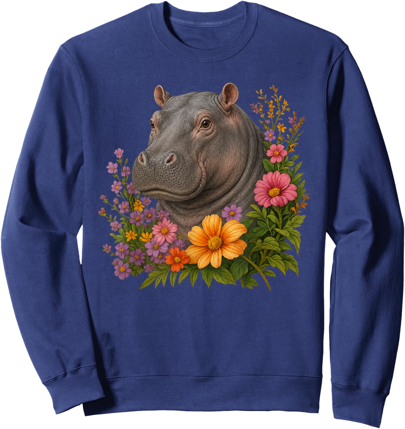 Hippopotamus Flower Floral Cute Hippo Lover Sweatshirt - Sweatshirt | Navy