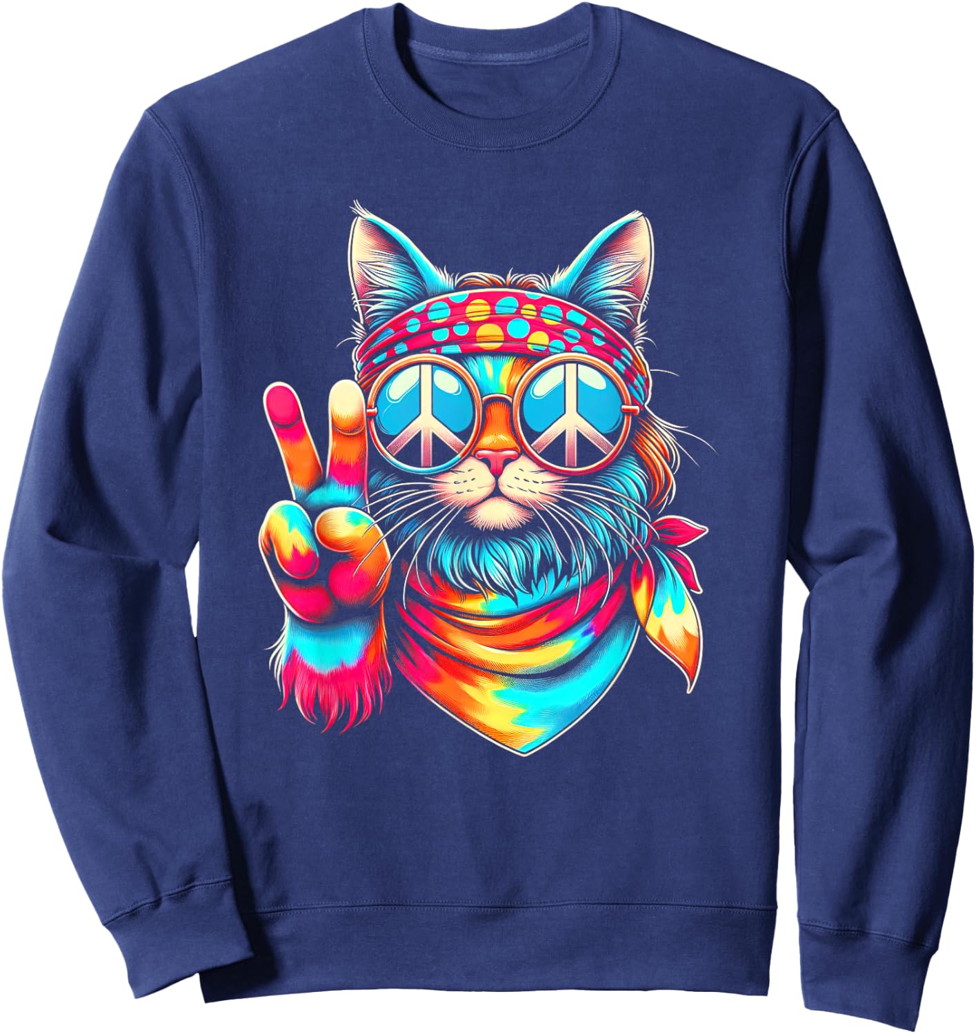 Funny Peace Cat Retro 70s Rainbow Hippie Cat Peace Sign Hand Sweatshirt - Sweatshirt | Navy