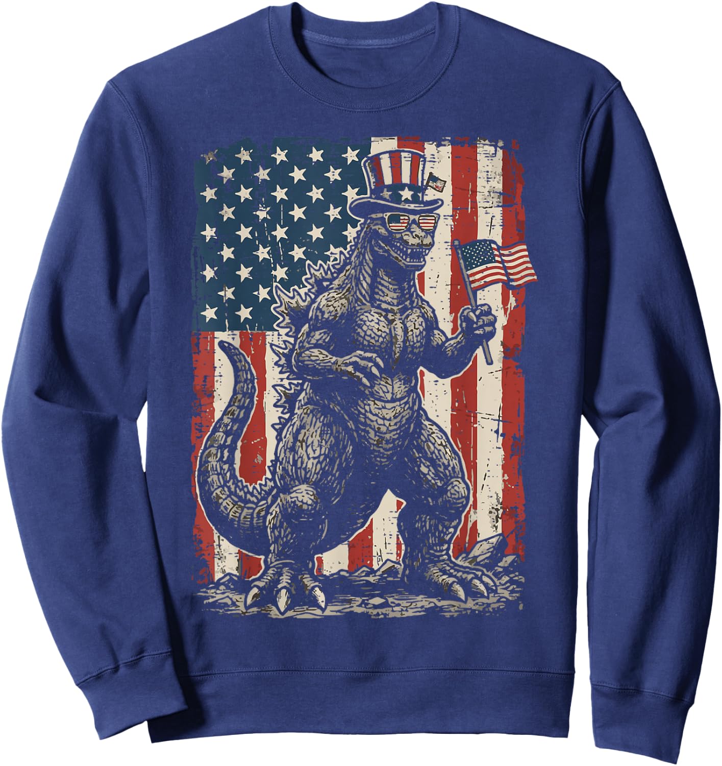 Japanese Lizard Monster US Flag 4th of July Men Women Kids Sweatshirt - Sweatshirt | Navy