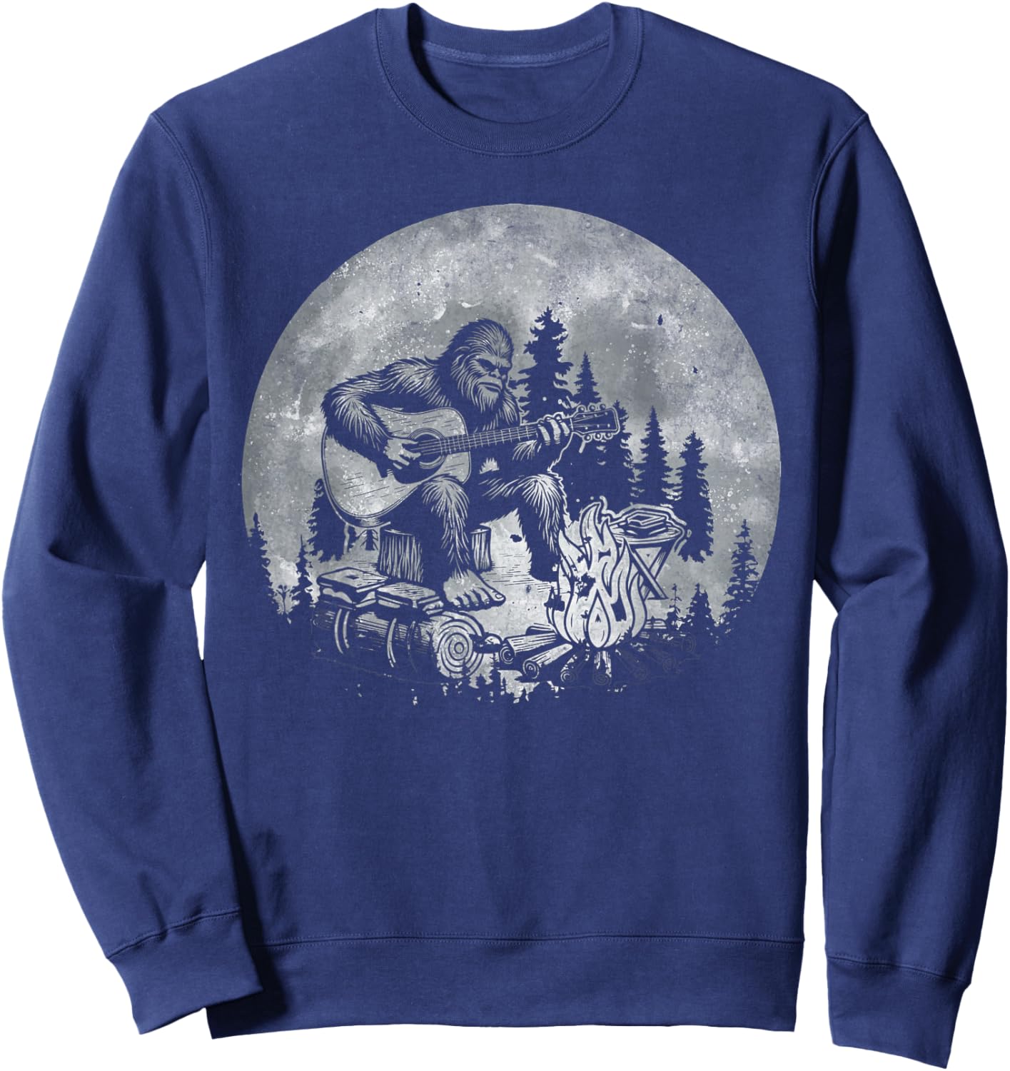 Rock Music Bigfoot Camping Full Moon Bigfoot Playing Guitar Sweatshirt - Sweatshirt | Navy