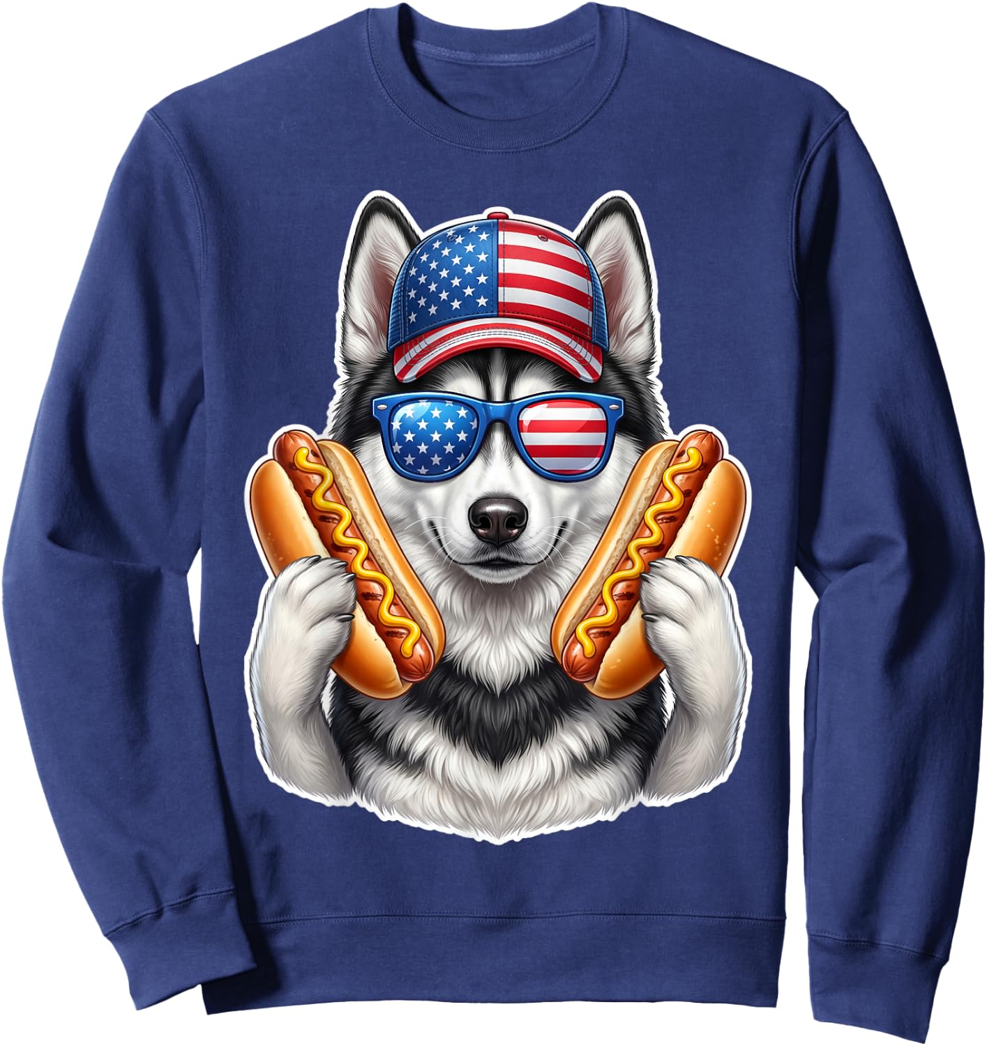 4th of July Hotdog Siberian Husky Funny Patriotic USA Flag Sweatshirt - Sweatshirt | Navy