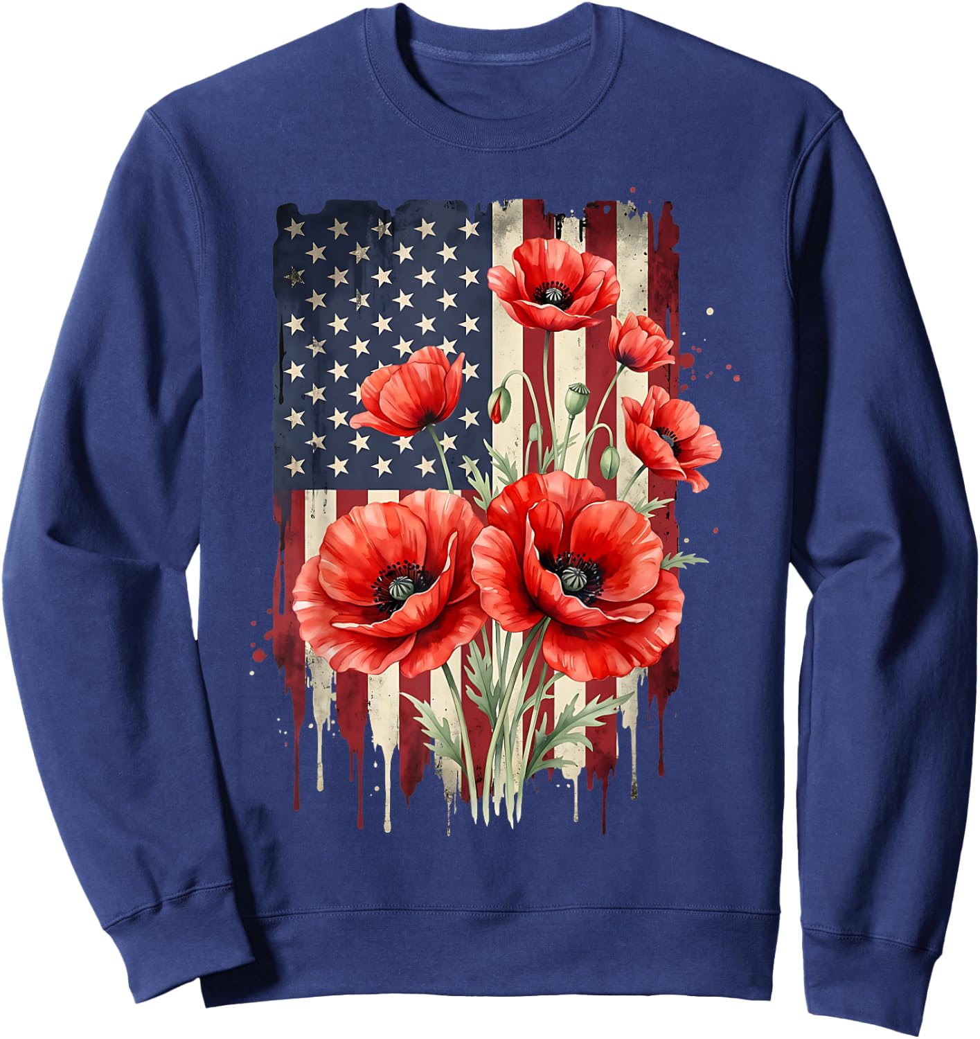 Vintage Red Poppy Flower American Flag 4th of July Poppies Sweatshirt - Sweatshirt | Navy