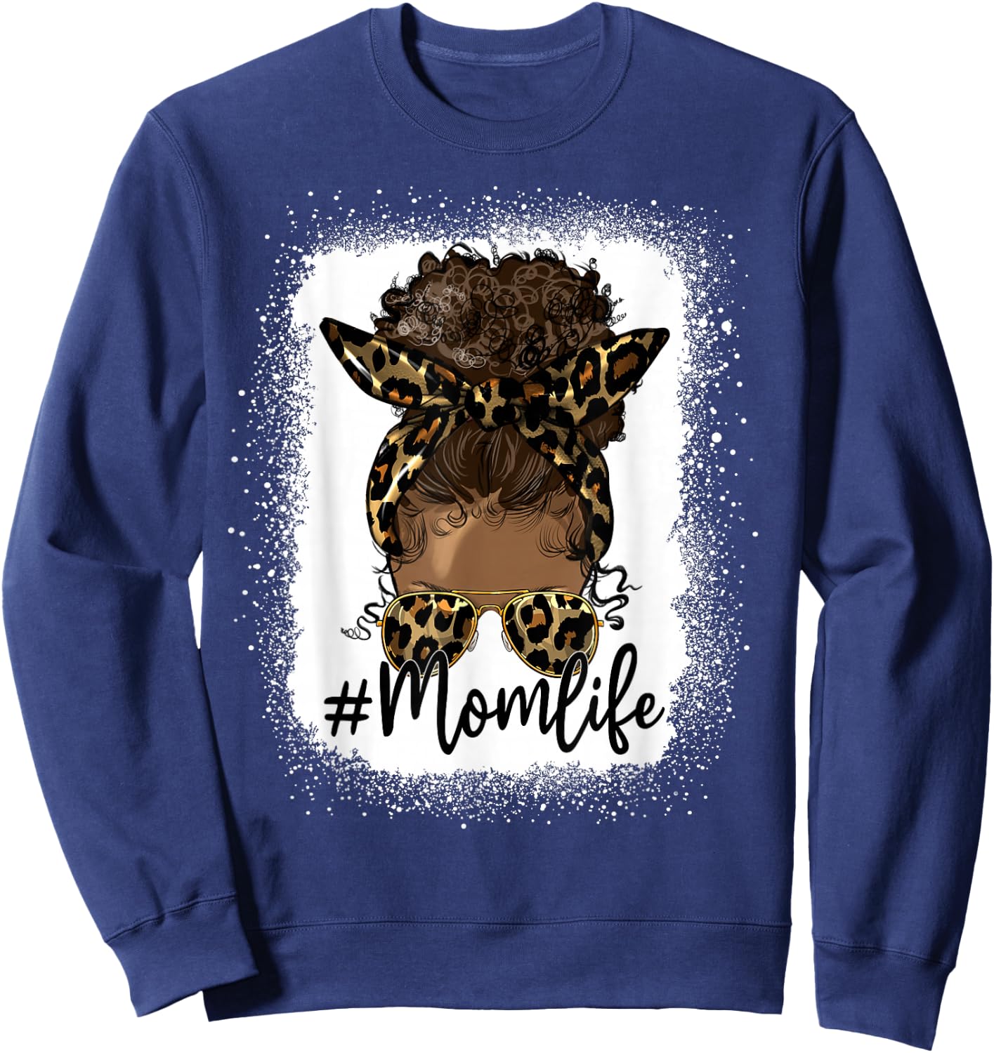 Mom Life Black Women Afro Messy Bun Leopard Mother's Day Sweatshirt - Sweatshirt | Navy