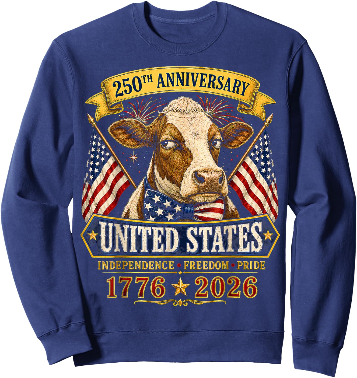 250 Years America Cow Patriotic USA 4th of July Sweatshirt - Sweatshirt | Navy