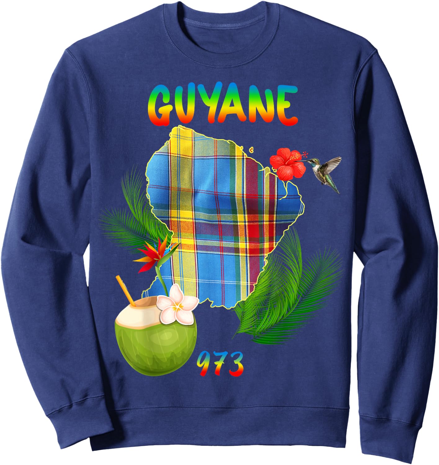 Beautiful French Guiana 973 Madras Hibiscus Hummingbird Coconut Sweatshirt - Sweatshirt | Navy