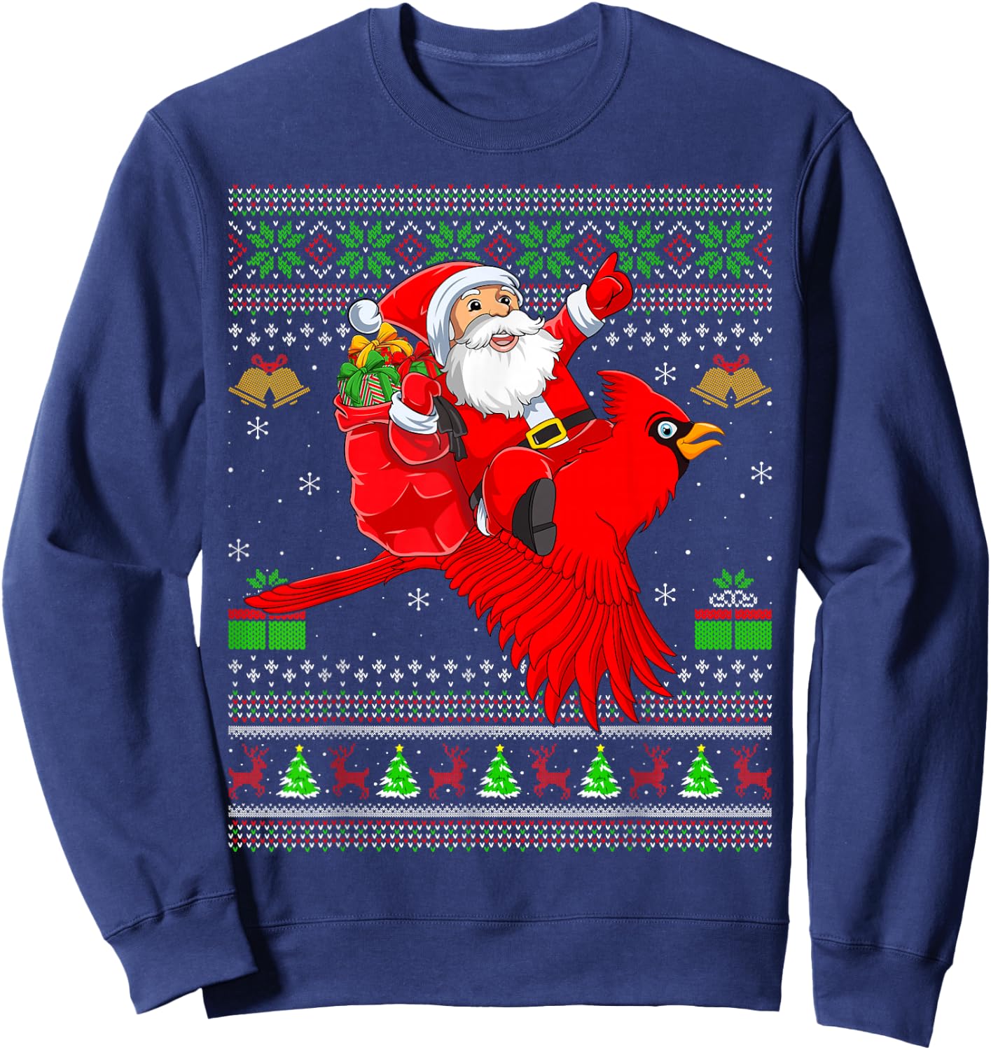 Ugly Xmas Sweater Funny Santa Riding Cardinal Bird Christmas Sweatshirt - Sweatshirt | Navy