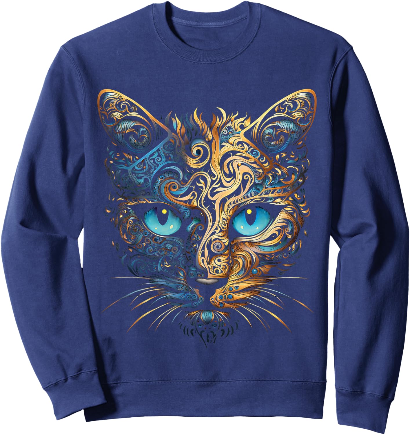 Cat Fantasy Blue Eyes Mandala Animal Art Cat , black Sweatshirt - Sweatshirt | Navy