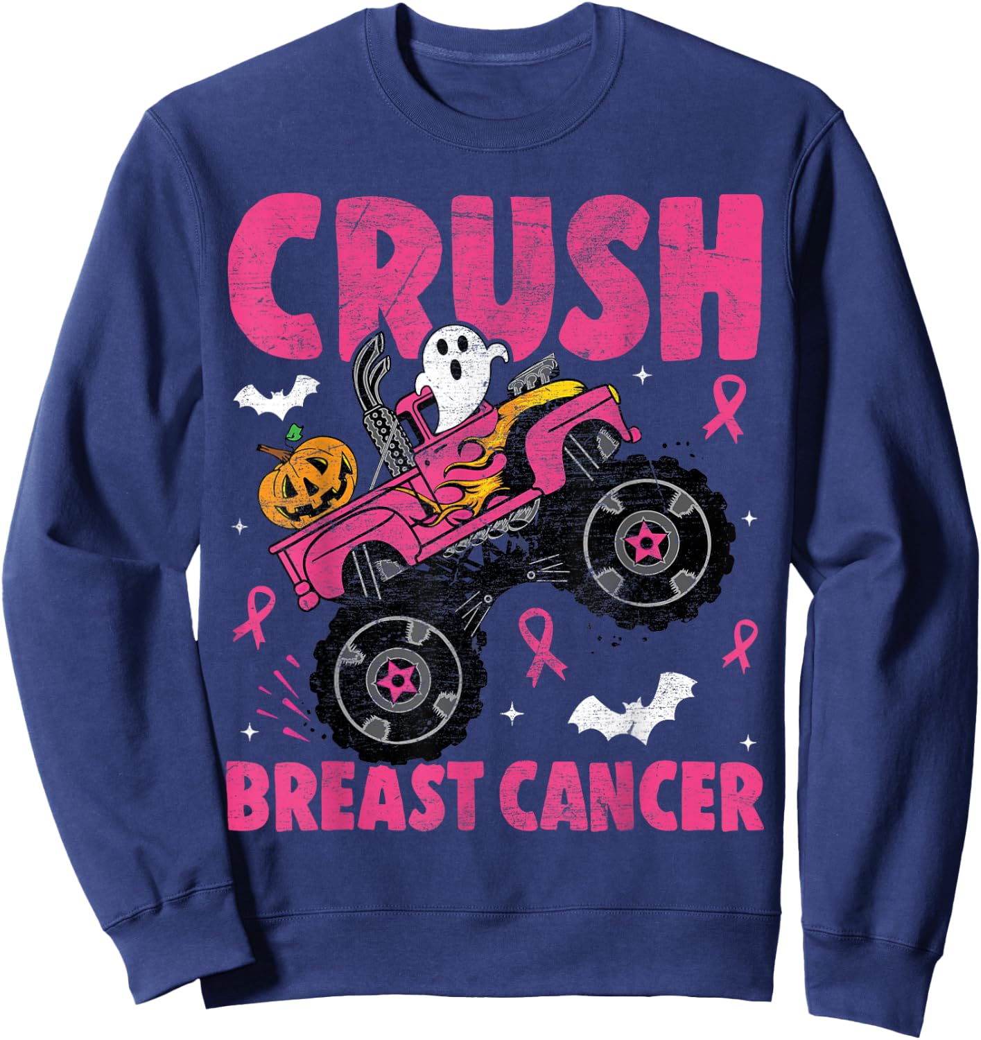 Crush Breast Cancer Awareness Monster Truck Halloween kids Sweatshirt - Sweatshirt | Navy