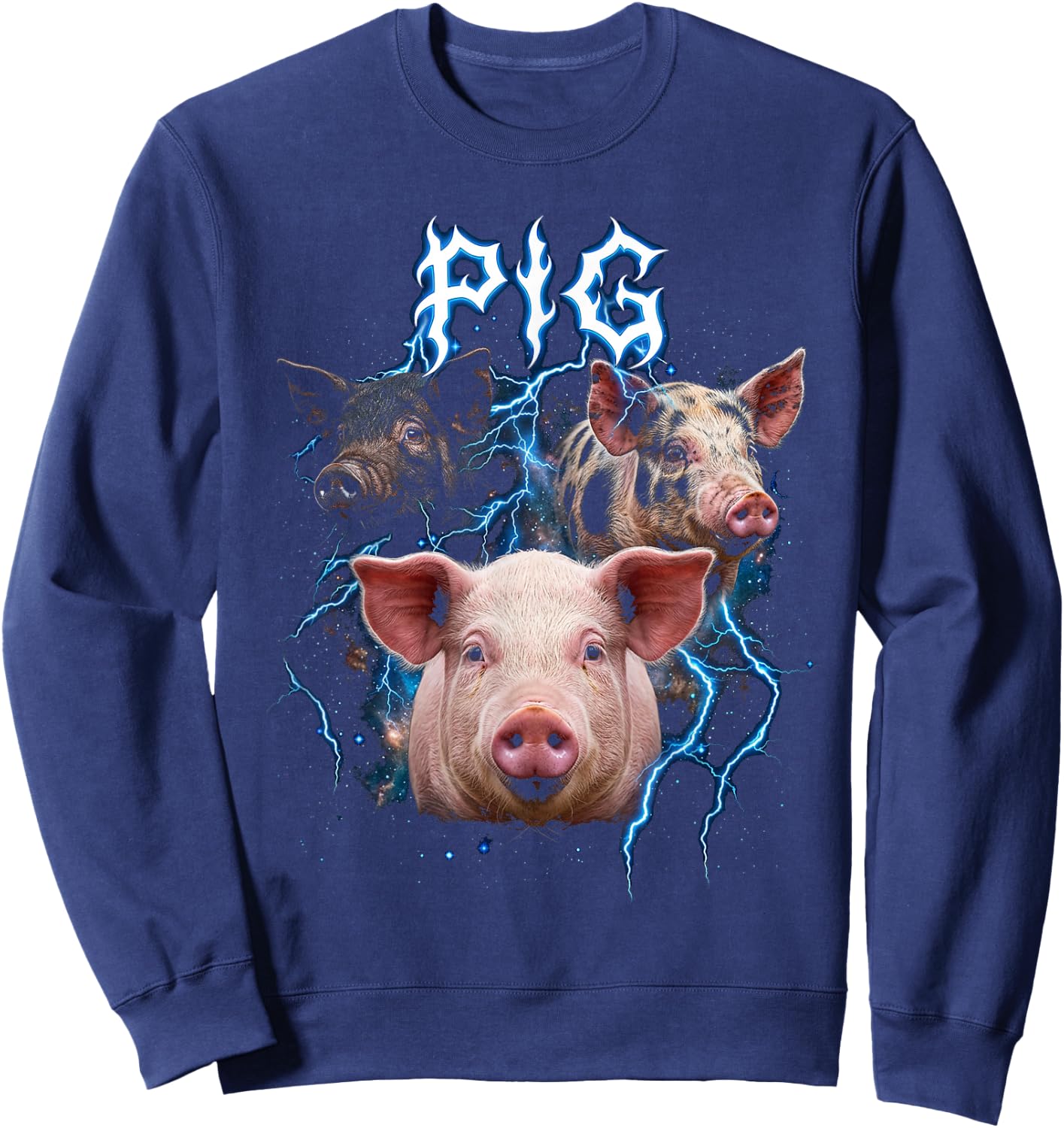 Pig Vintage 90s Heavy Metal Retro Pig Farm Animal Lover Pig Sweatshirt - Sweatshirt | Navy
