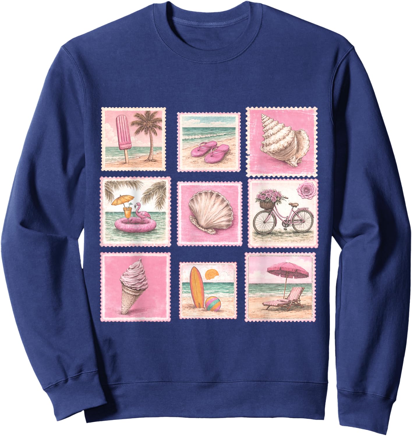 Vintage Beach Summer Beachy Stamp Cute Sea Lover Sweatshirt - Sweatshirt | Navy