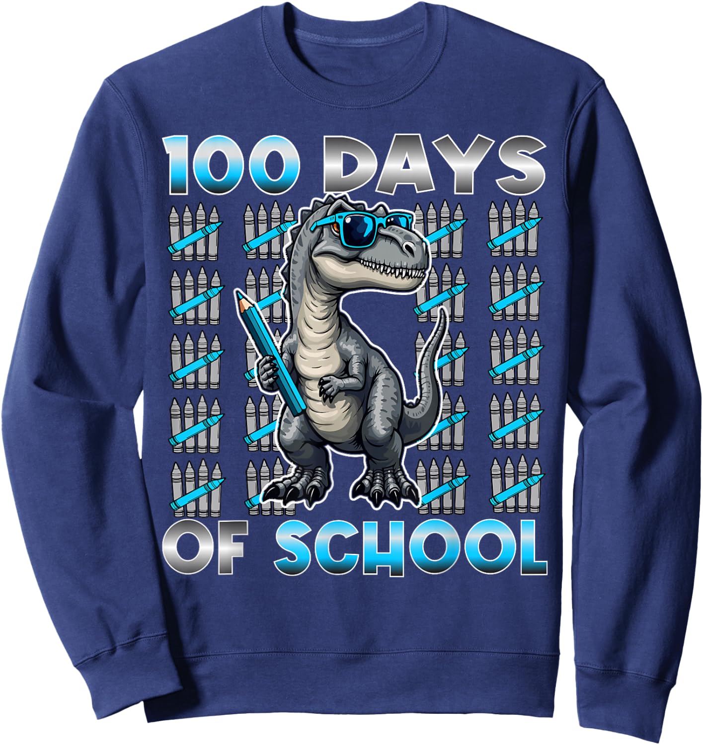 Dinosaur T Rex 100 Days of School Apparel 100 Days Smarter Kids -Kids Black Small Modern Straight Fit Cotton with Cartoon Dinosaur Pattern Short Sleeve Sweatshirt - Sweatshirt | Navy