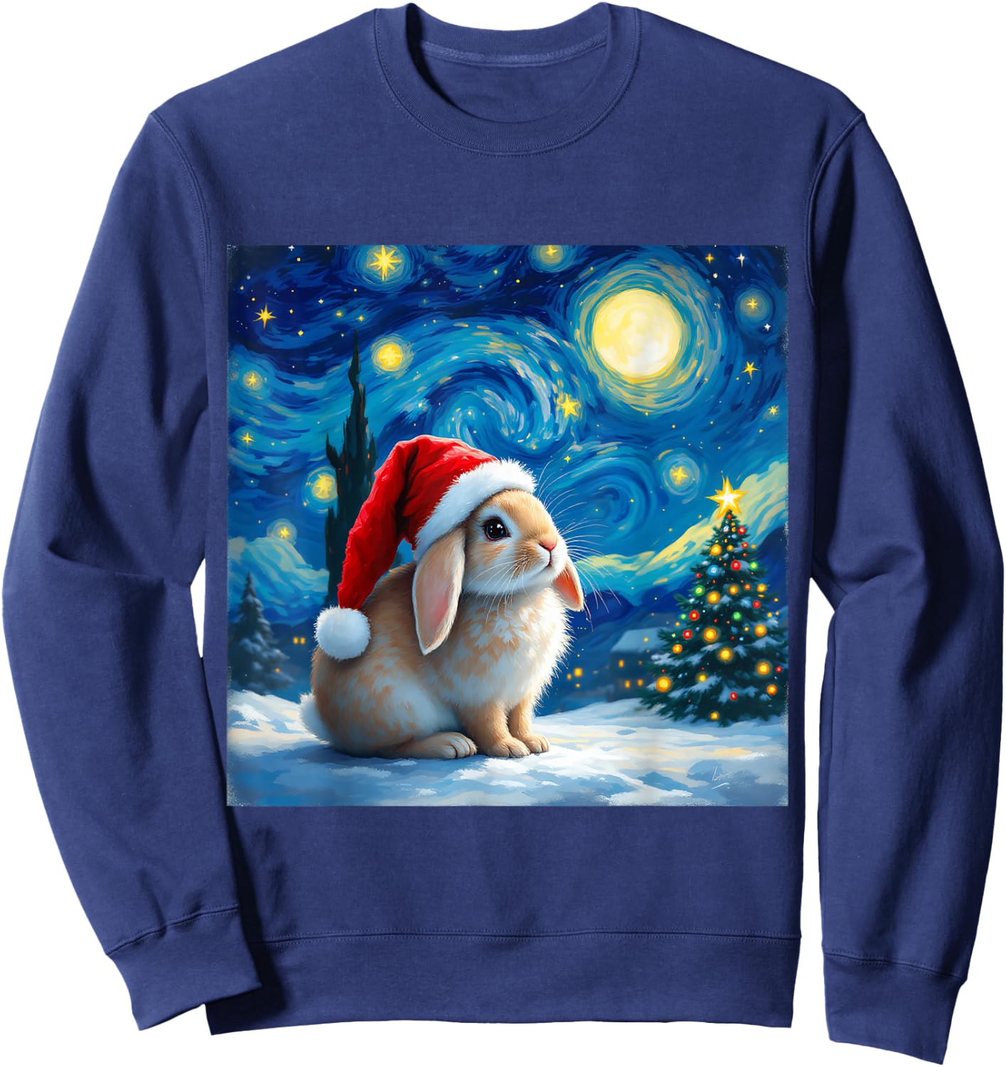 Christmas Rabbit Santa Hat Van Gogh Starry Night Holiday Sweatshirt - Sweatshirt | Navy