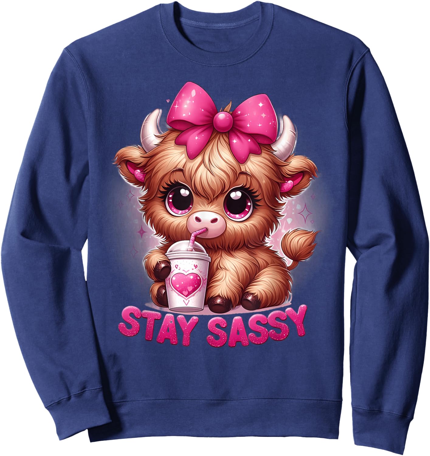 Baby Highland Cow Coffee Pink Bow Stay Sassy Girl Women's Cute Sweatshirt - Sweatshirt | Navy