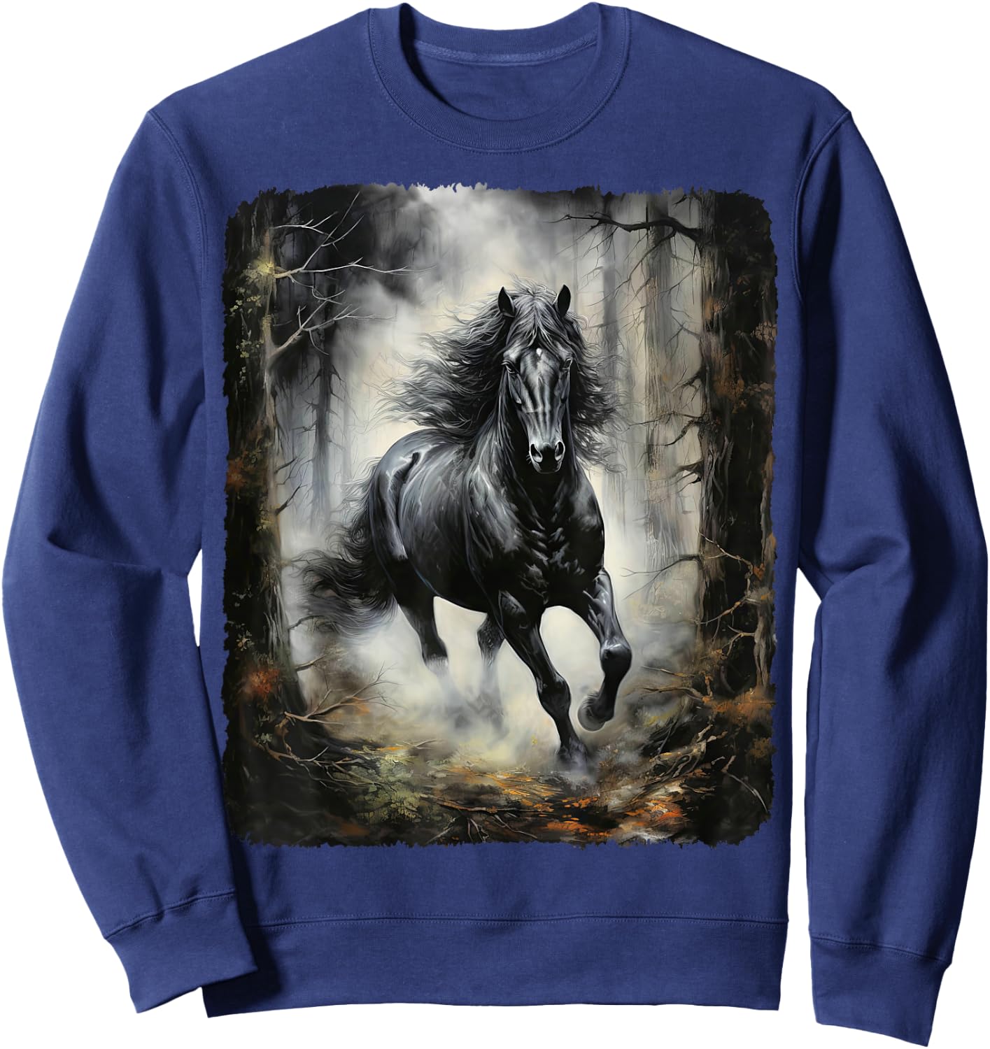 Schwarzes Pferd rennt durch den Wald in der Nacht Sweatshirt - Sweatshirt | Navy