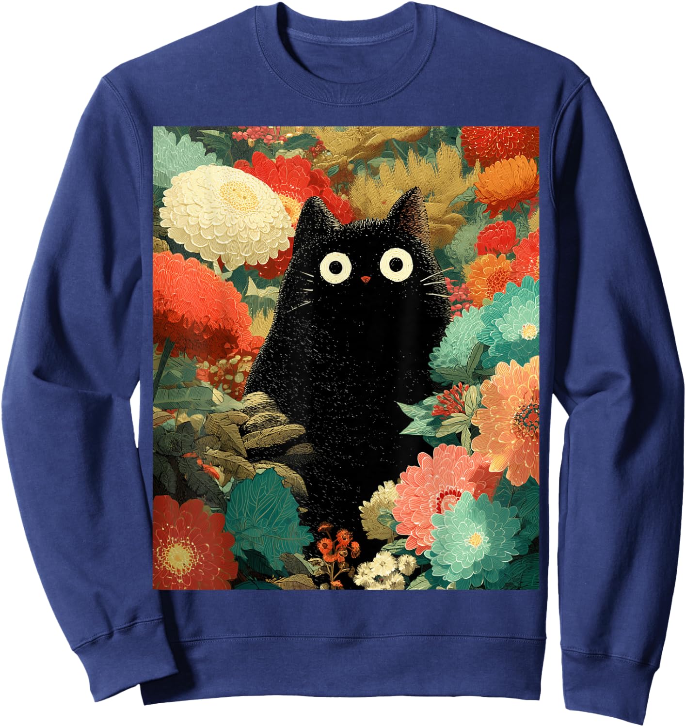 Japanische Schwarze Anime-Katze, Blumen, Sommer, Frühling, Herbst Sweatshirt - Sweatshirt | Navy
