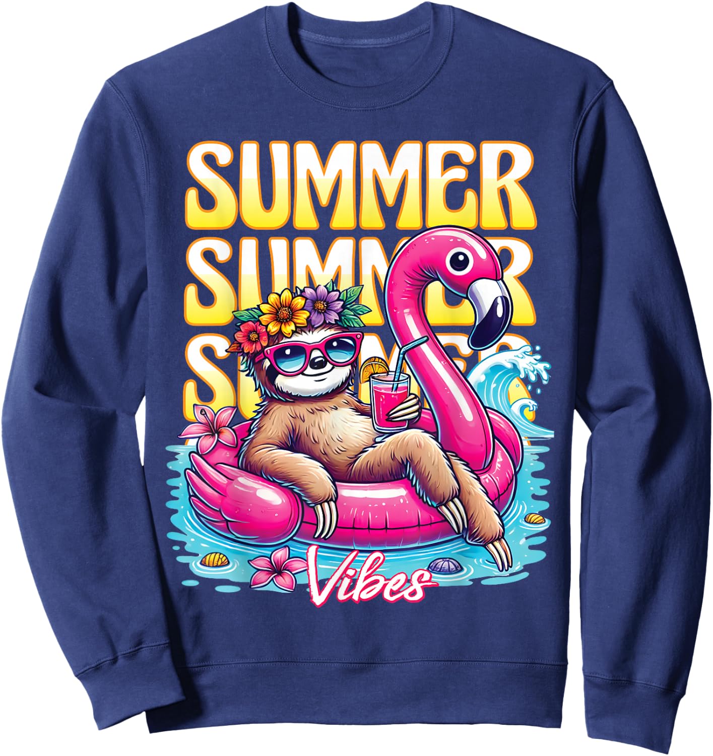 Summer Vibes Funny Sloth Sunglasses Beach Cute Vacation Sweatshirt - Sweatshirt | Navy