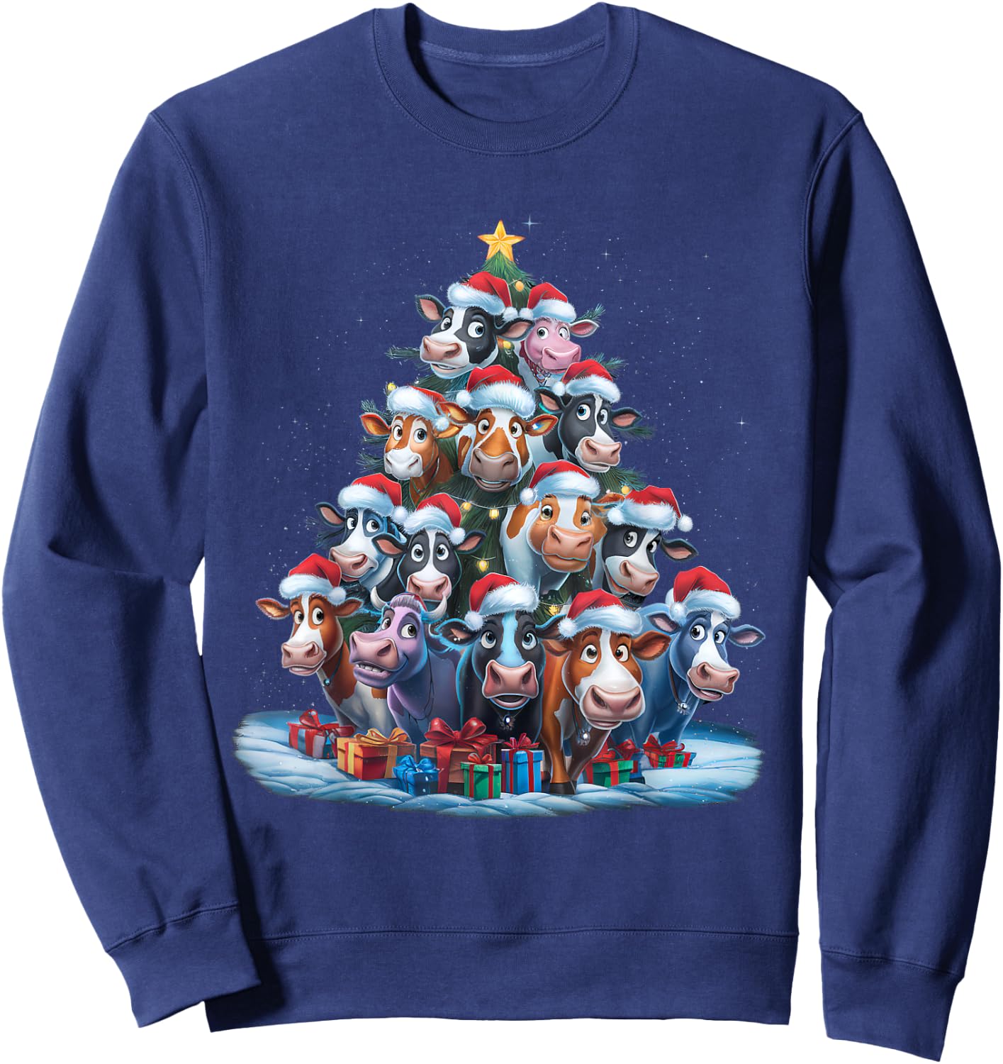 Cow Christmas Tree Lights Xmas Pajamas Pajama Santa Hat Cute Sweatshirt - Sweatshirt | Navy