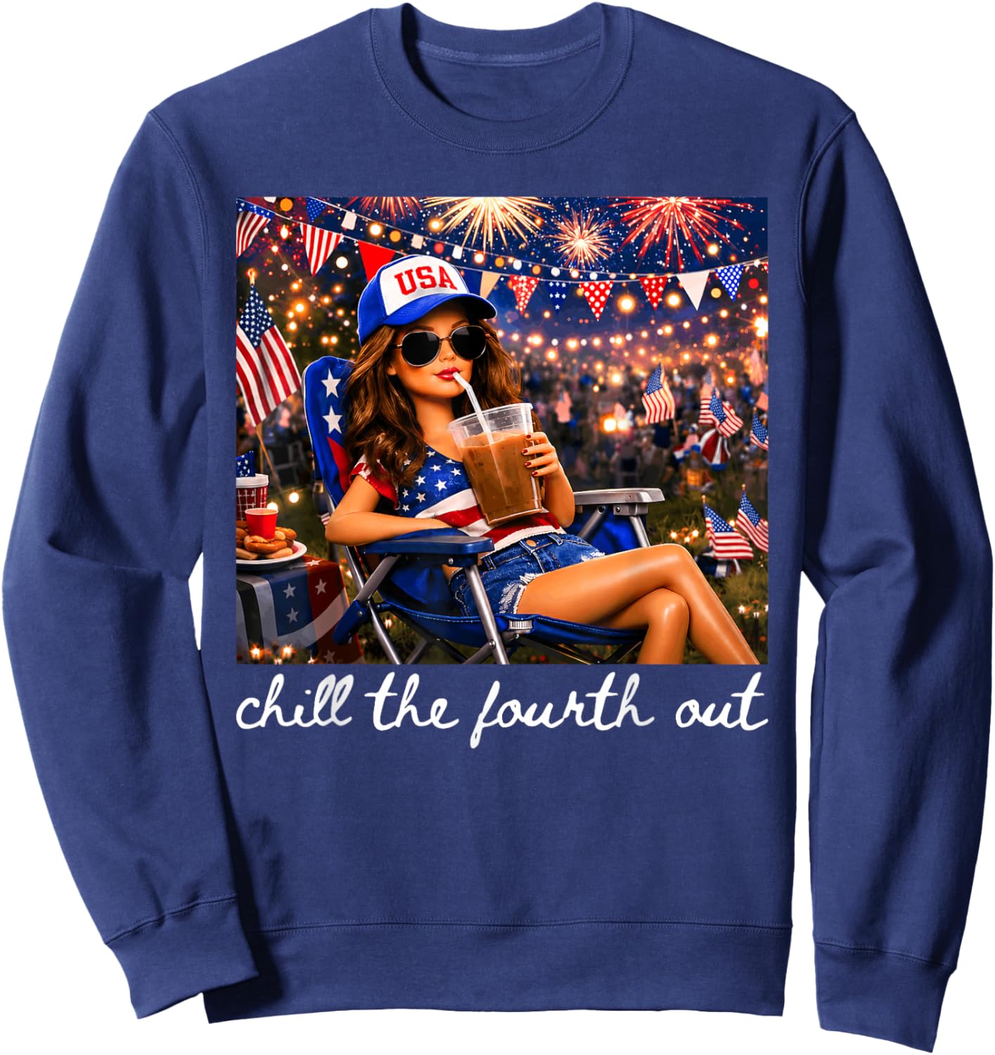 Chill The Fourth Out American Girl Fireworks 4th of July Sweatshirt - Sweatshirt | Navy
