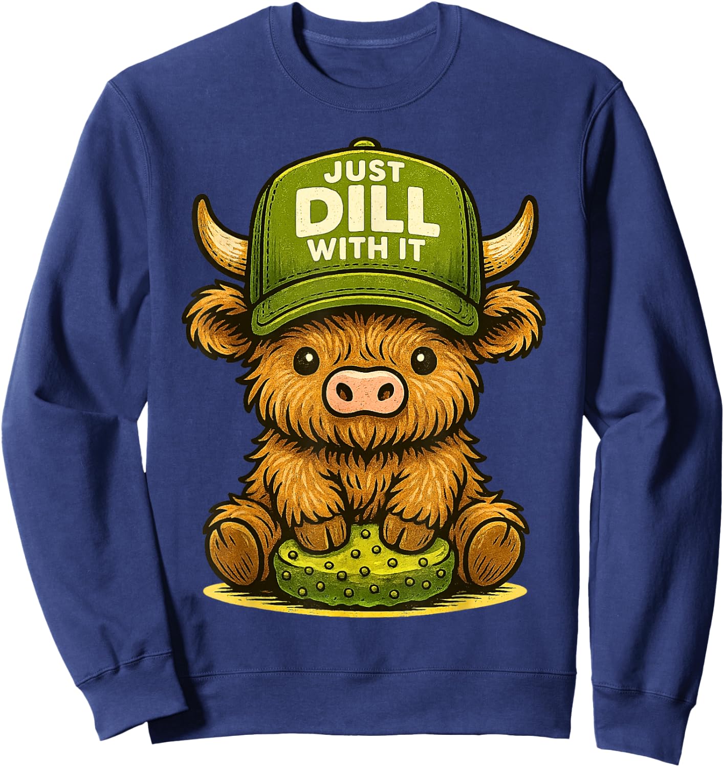 Just Dill with It Highland Cow Pickle Pun Retro Sweatshirt - Sweatshirt | Navy