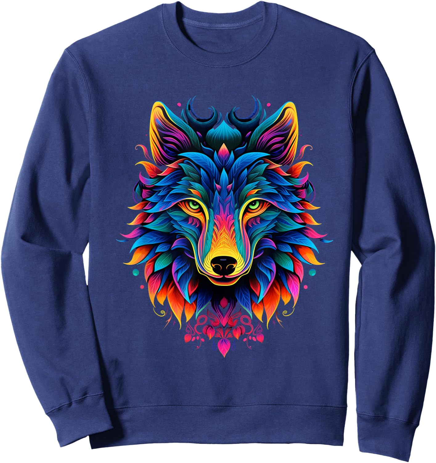 Colorful Psychadelic Nature Wolf Head Art Noveau Sweatshirt - Sweatshirt | Navy