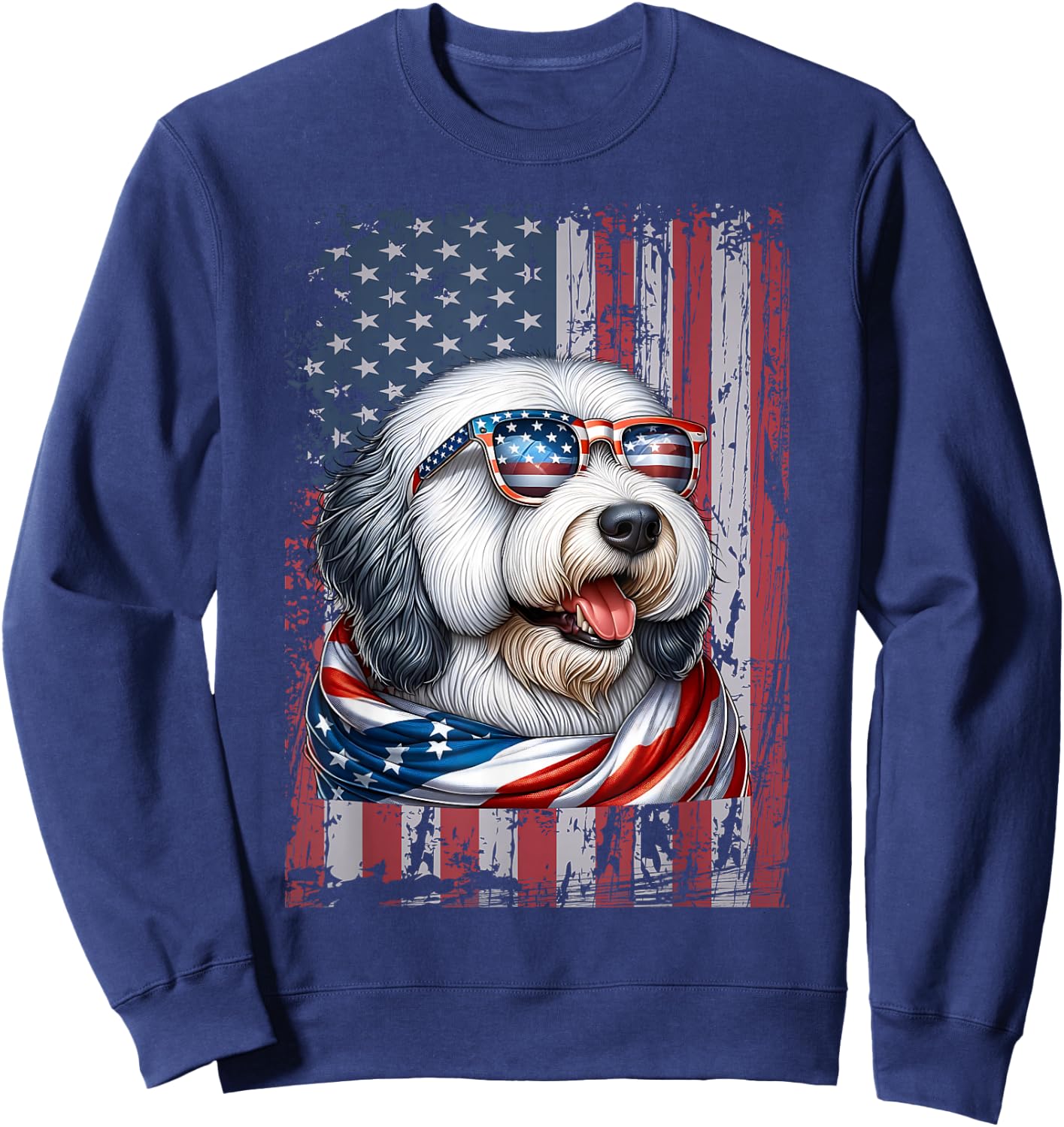 Old English Sheepdog Dog Lover US Flag 4th Of July Patriotic Sweatshirt - Sweatshirt | Navy