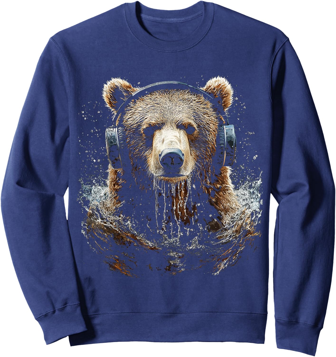 Bear Animal Motif Music Headphone Artwork Bear Sweatshirt - Sweatshirt | Navy