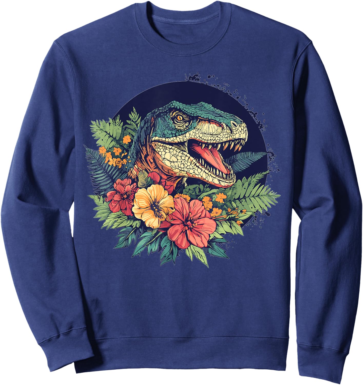 Dinosaur With Floral Background Artwork Sweatshirt - Sweatshirt | Navy