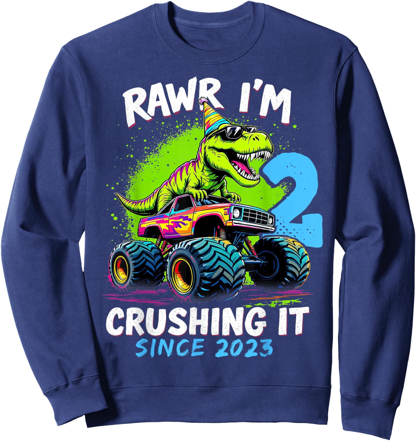 2nd Birthday Monster Truck Dinosaur Party Boys Rawr I'm 2 Sweatshirt - Sweatshirt | Navy