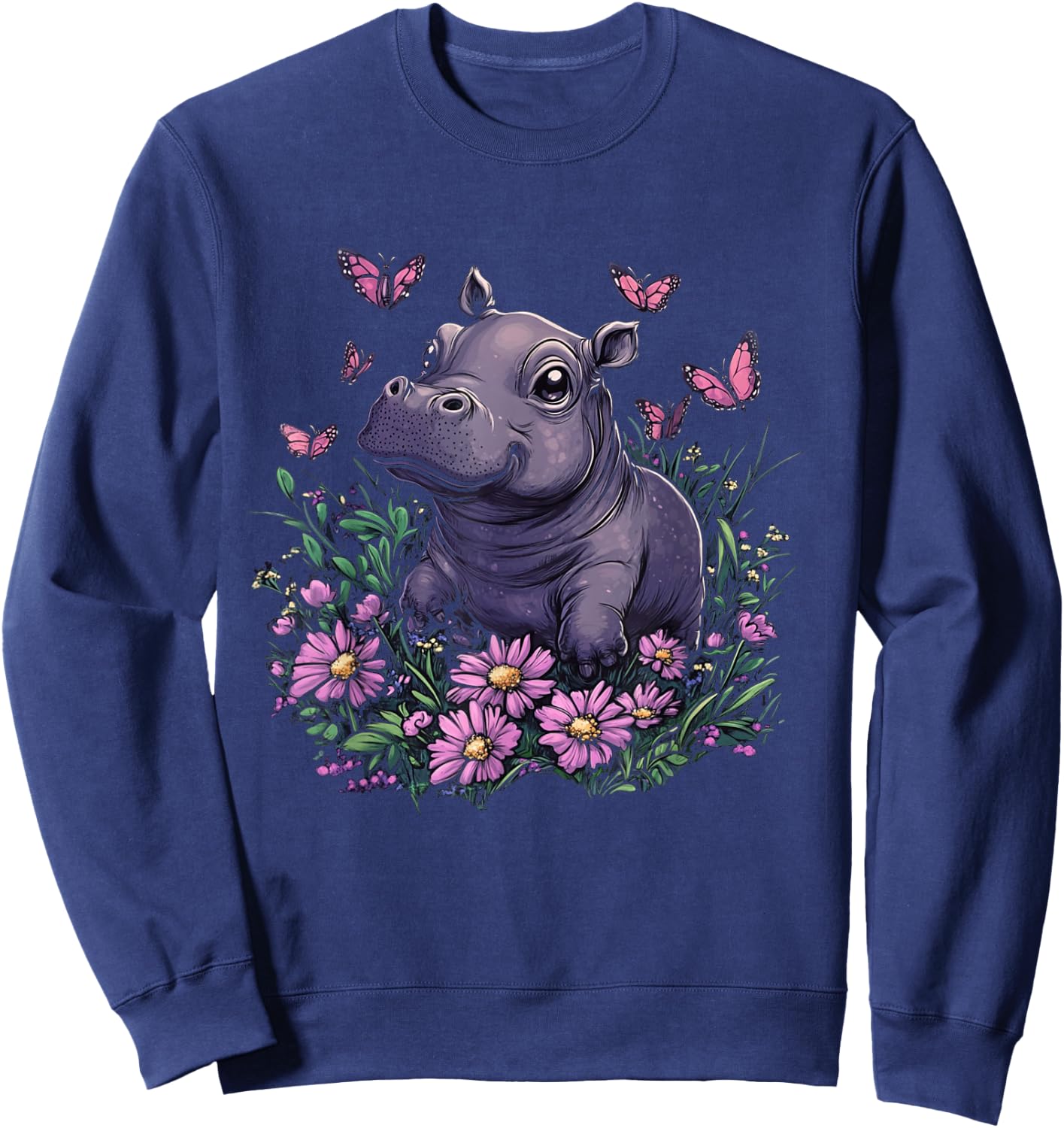 Cute Baby Hippo Pygmy with Flowers Girls Sweatshirt - Sweatshirt | Navy