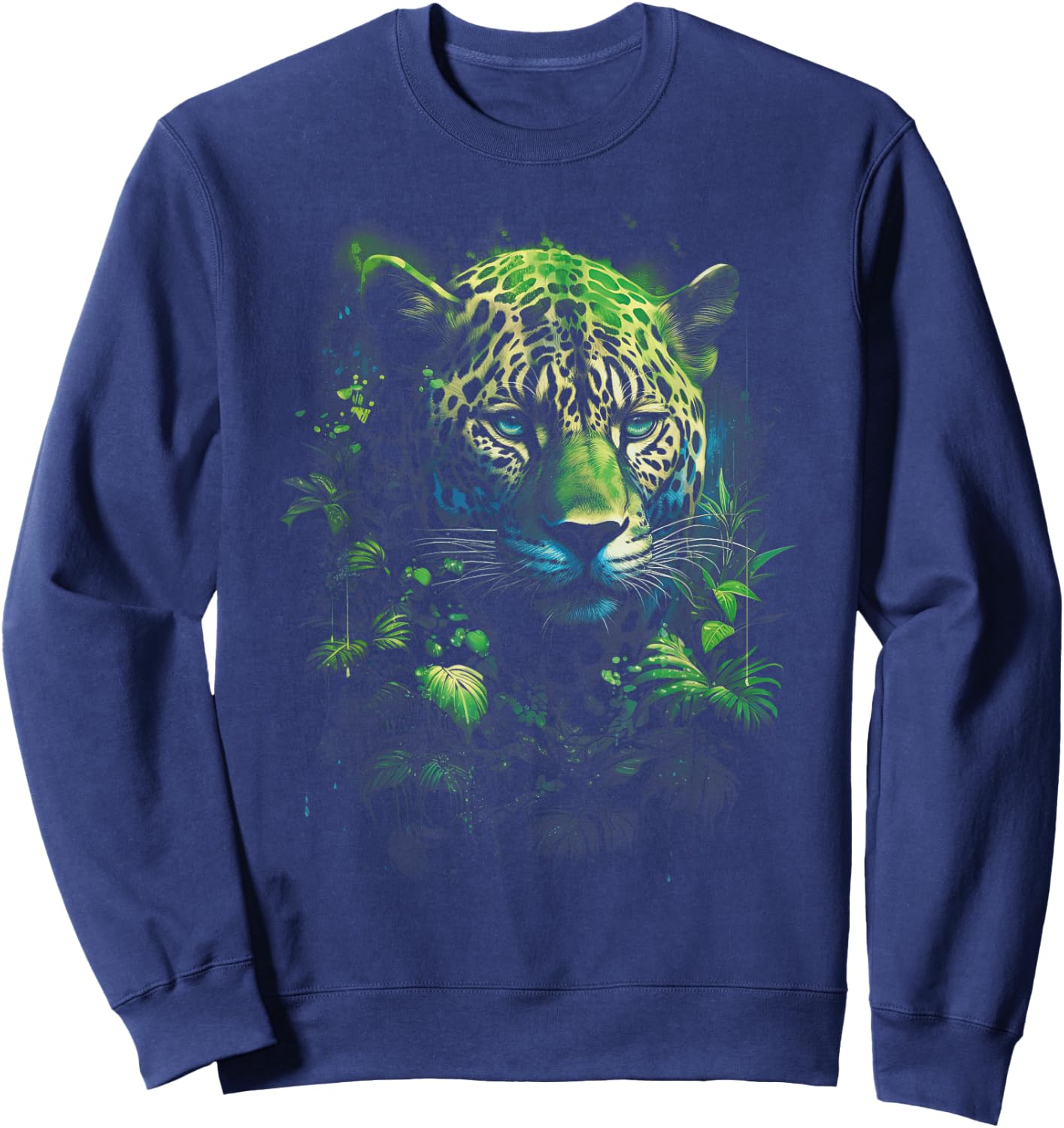 Animal Predator Jaguar Artwork Majestic Jaguar Jungle Wildlife Illustration - Black, -Adults, -Kids, Short Sleeve, Straight, Modern, Casual, All Seasons Sweatshirt - Sweatshirt | Navy