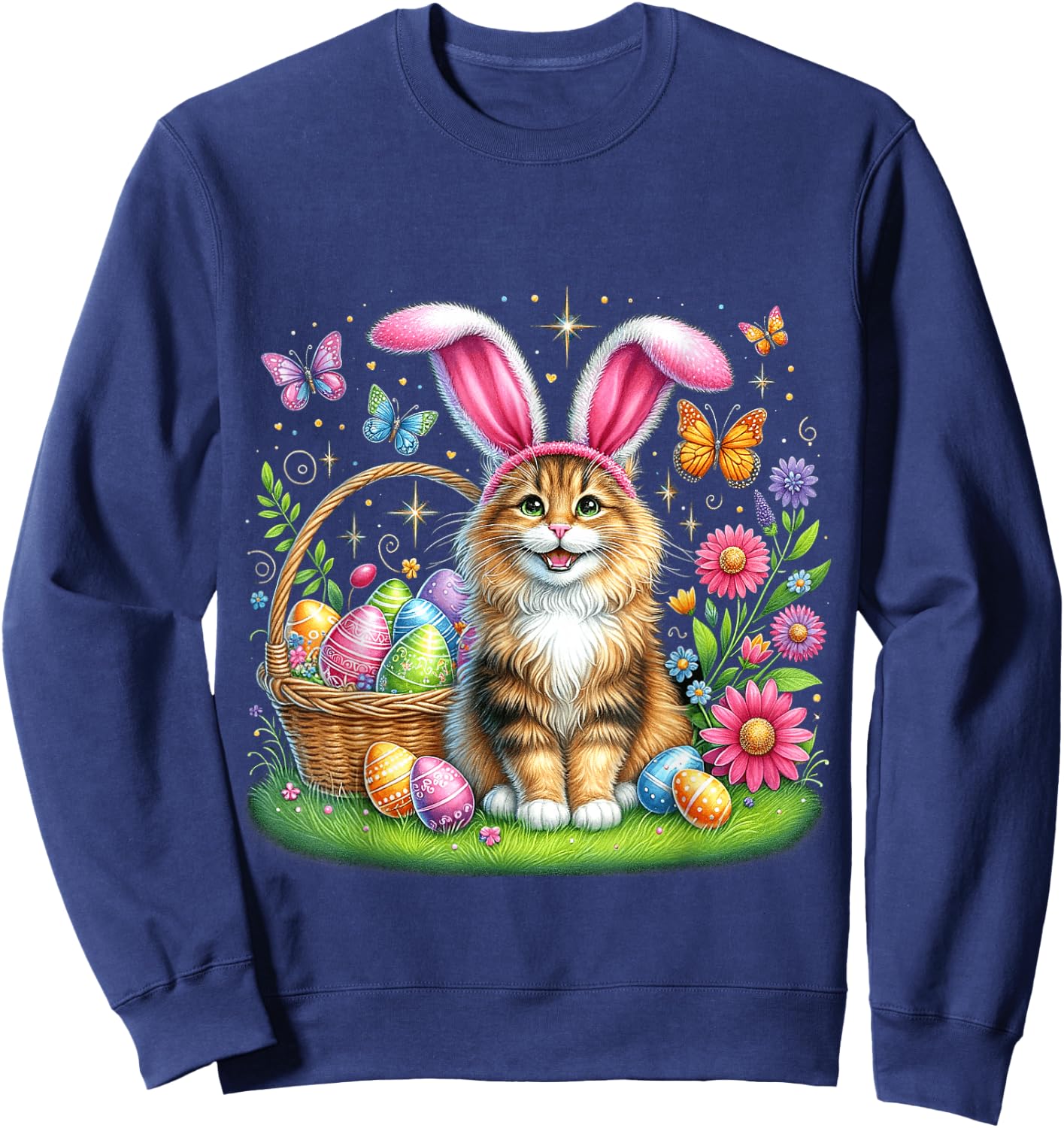 Happy Easter Cute Bunny Norwegian Forest Cat Easter Basket Women Girls Kids Sweatshirt - Sweatshirt | Navy