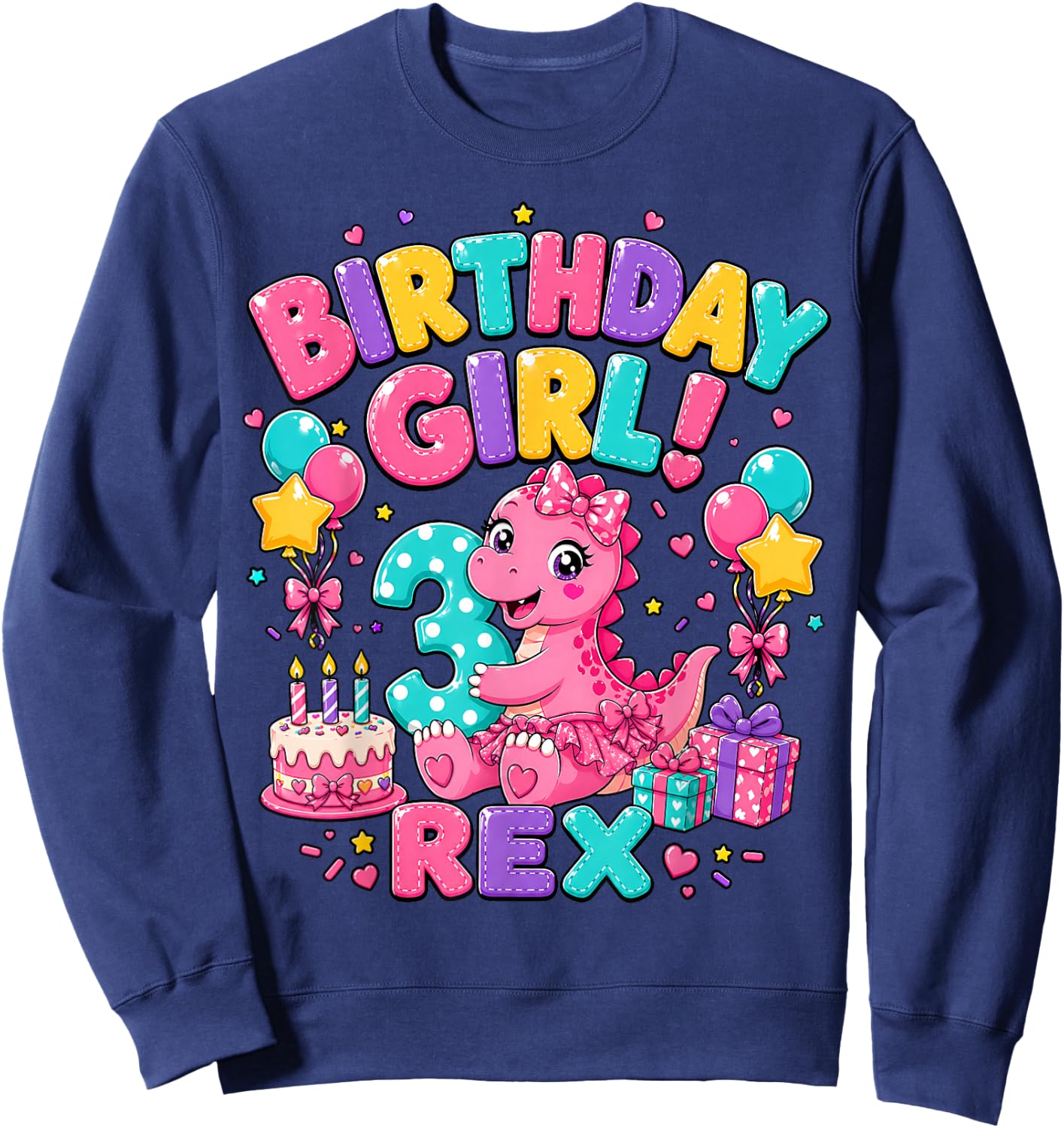 Rawr I'm 3 Three Rex Pink Dinosaur 3rd Birthday Girl Party Sweatshirt - Sweatshirt | Navy