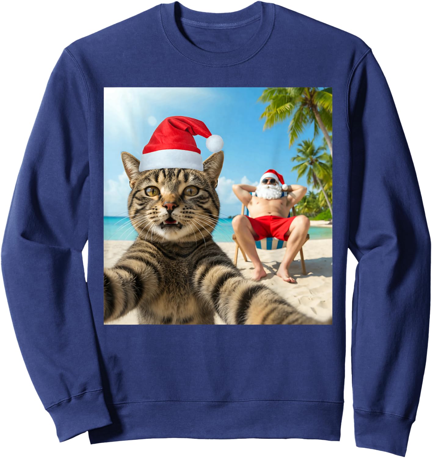 Christmas In July Cat Selfie With Santa Beach Summer Xmas Sweatshirt - Sweatshirt | Navy
