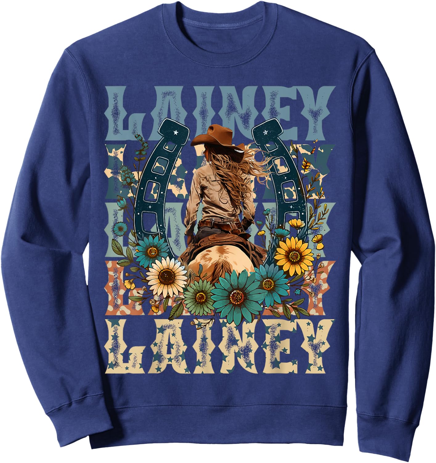 Cowgirl Lainey First Name Personalized Western - -Adults, Kids - Black - Small - Short Sleeve - - Animal Print Fabric Blend Sweatshirt - Sweatshirt | Navy