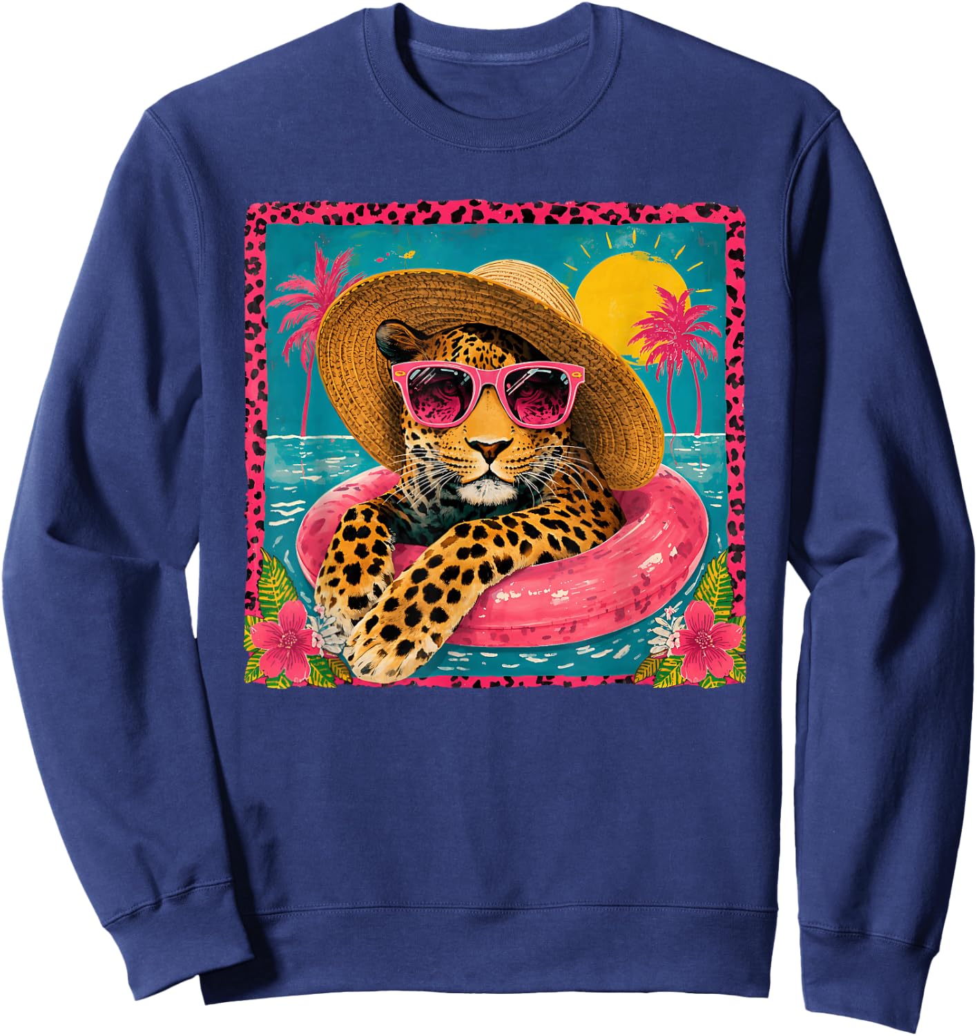 Summer Funny Leopard Sunglasses Pool Float Beach Vacation Sweatshirt - Sweatshirt | Navy