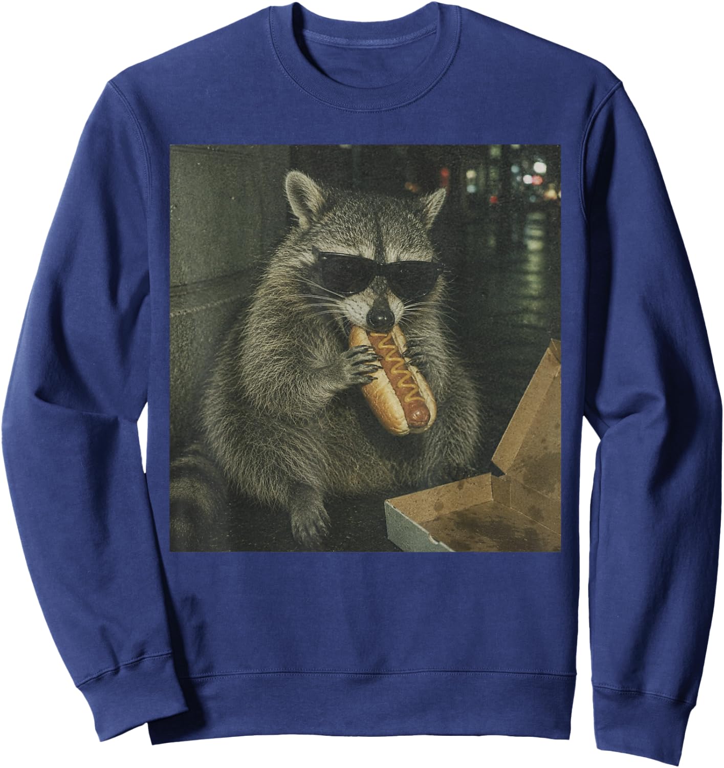 Raccoon Eating Hot Dog Funny Animal Meme Sweatshirt - Sweatshirt | Navy