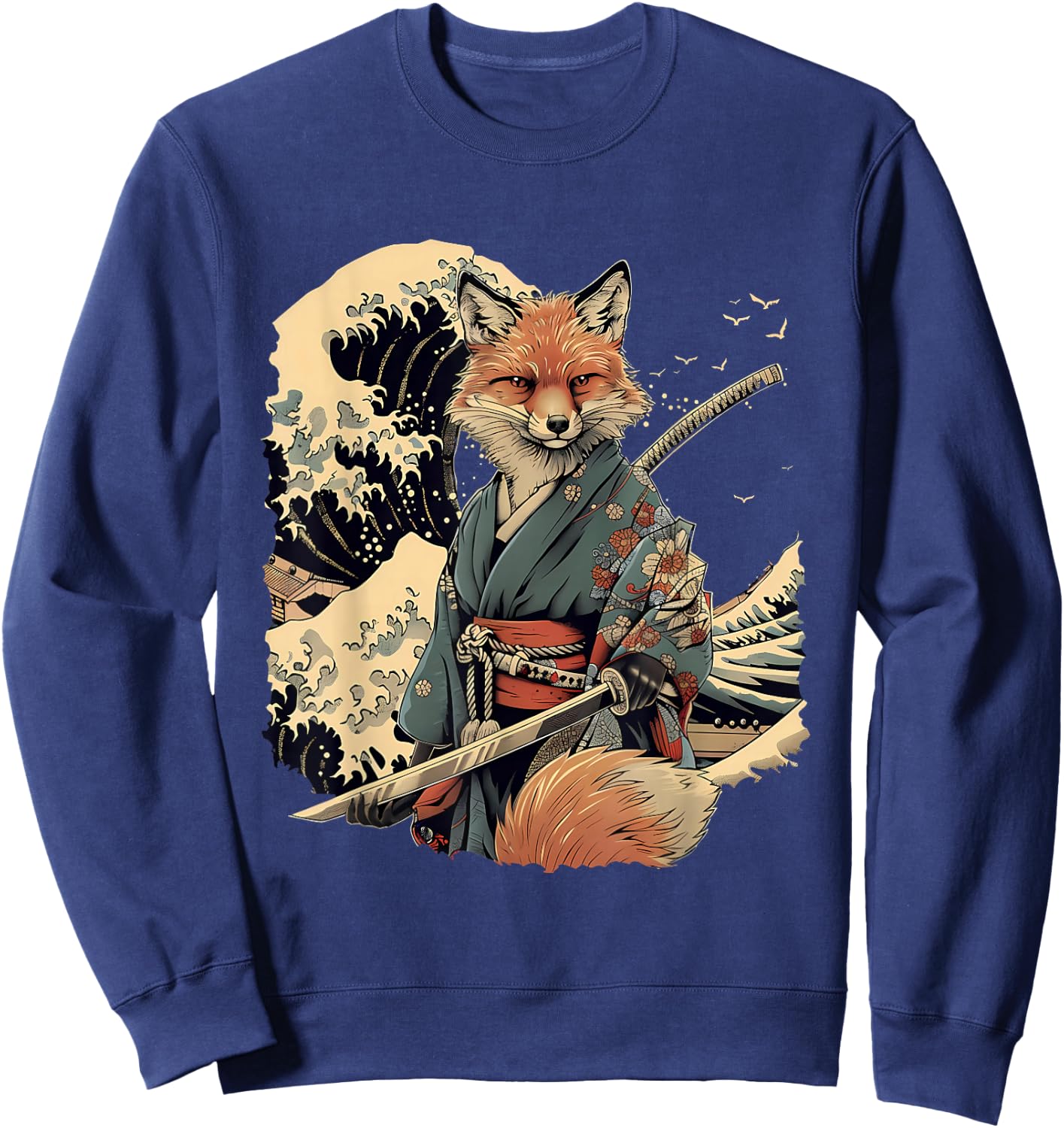 Samurai Fox Ninja Japanese Fox Warrior Ocean , Black, S Sweatshirt - Sweatshirt | Navy