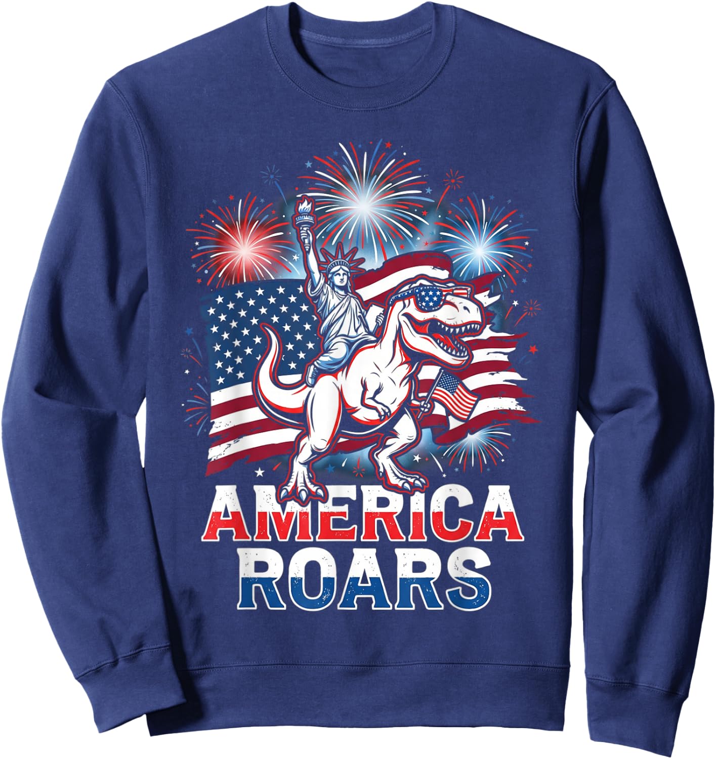 Statue of Liberty American Dinosaur Funny 4th of July Boys Sweatshirt - Sweatshirt | Navy