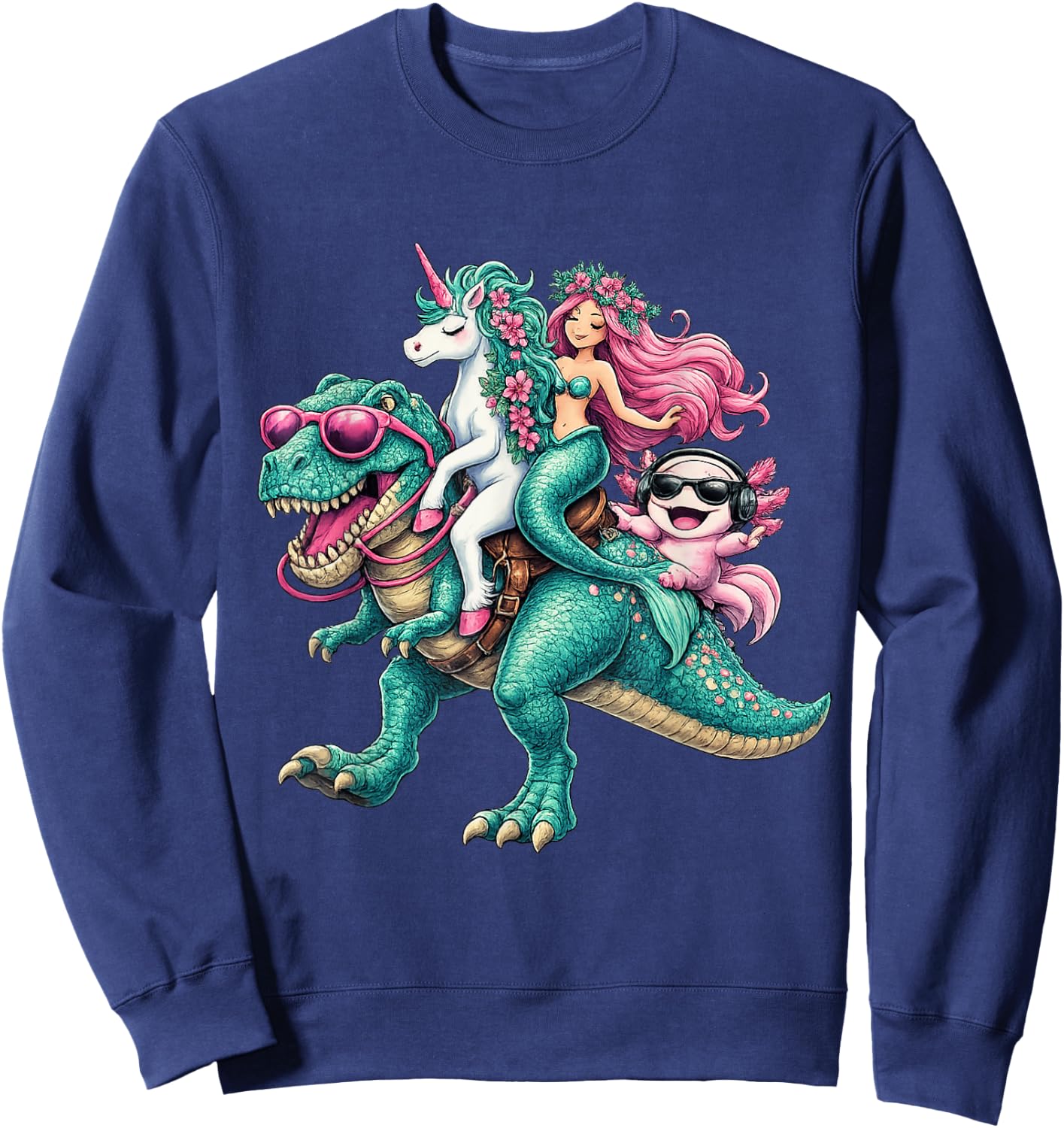 Mermaid Unicorn Axolotl Riding Dinosaur Granddaughter Niece Sweatshirt - Sweatshirt | Navy