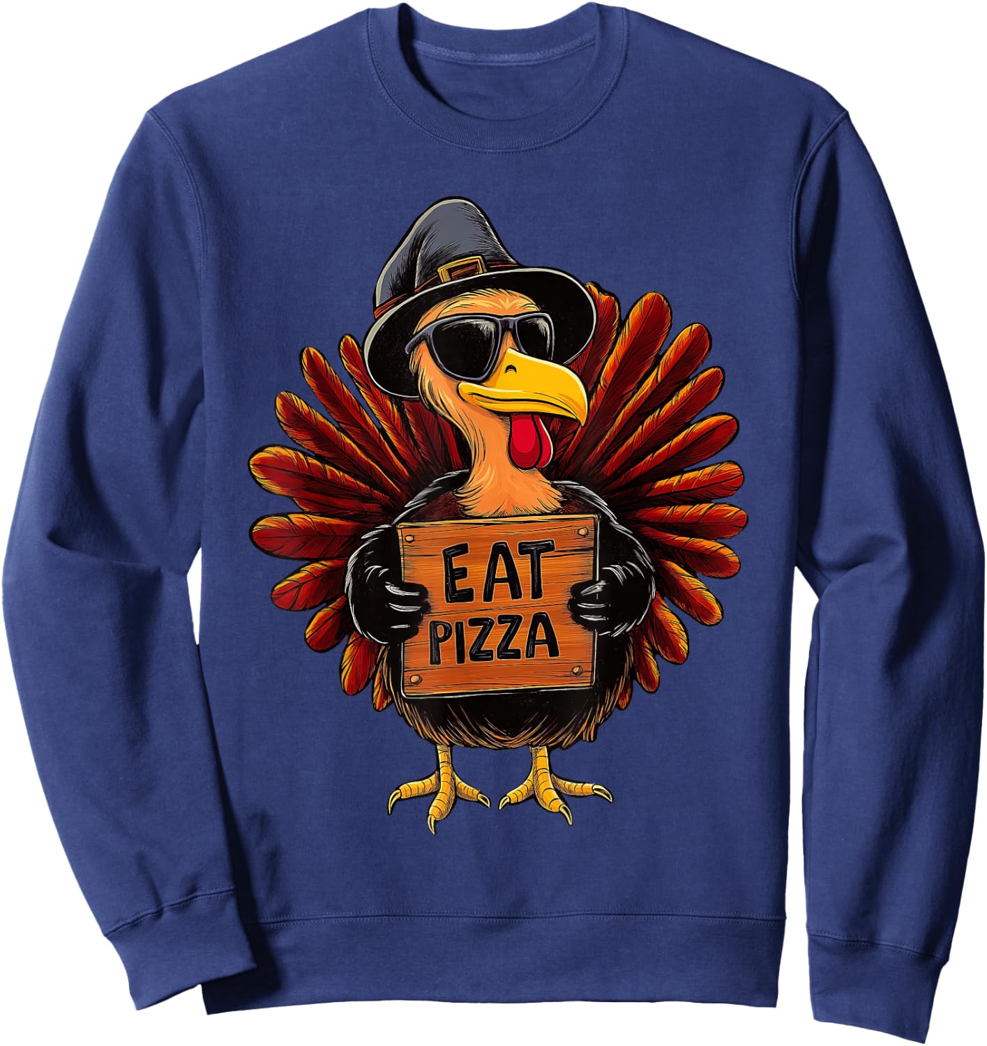 Funny Thanksgiving Turkey Eat Pizza for Kids Boys Girls Sweatshirt - Sweatshirt | Navy