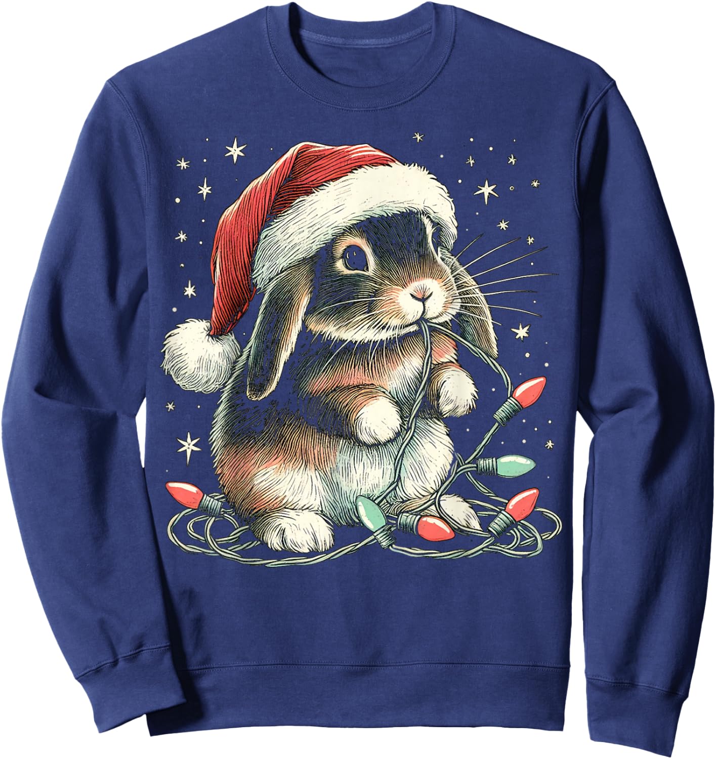 Funny Holland Lop Rabbit Bunny Chew Christmas Light Xmas Sweatshirt - Sweatshirt | Navy