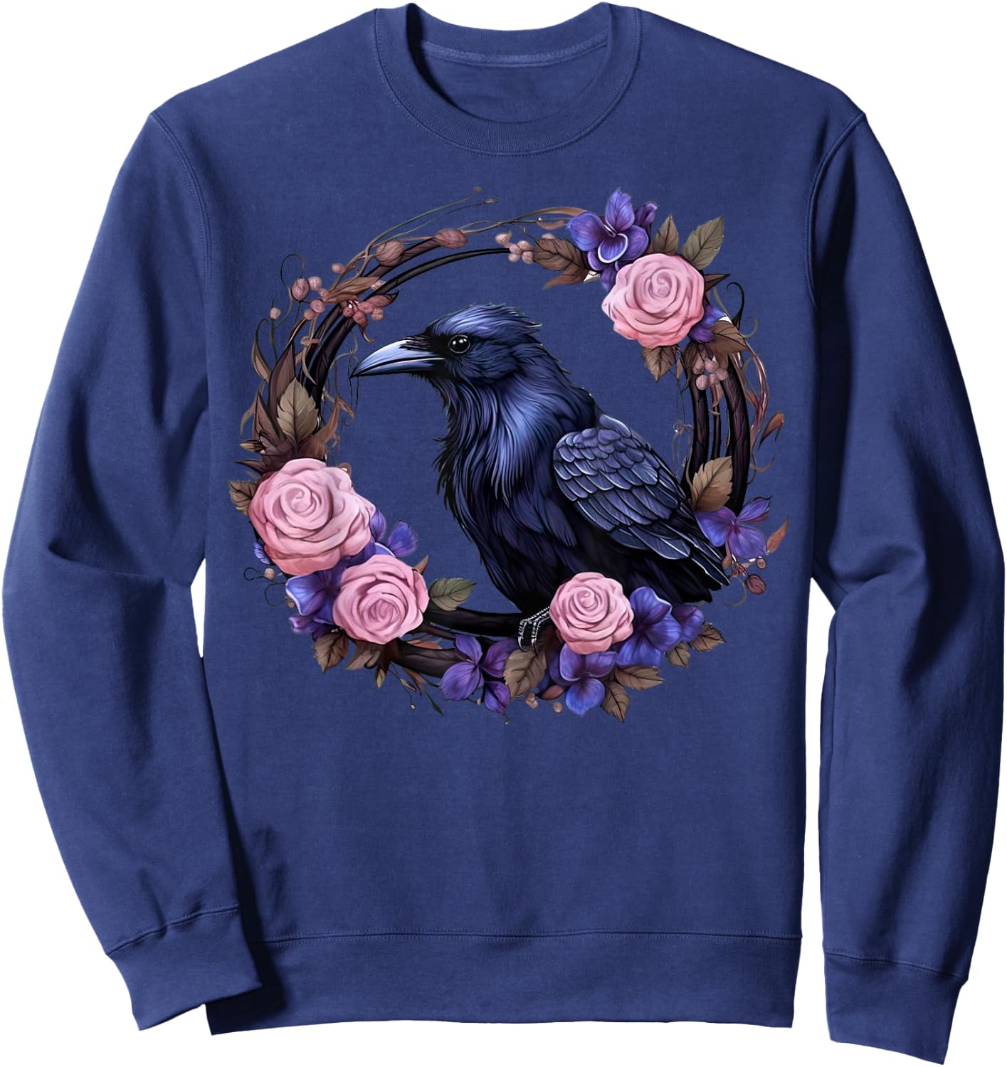 Gothic Raven Full Moon Pink Flowers Vintage Floral Crow Sweatshirt - Sweatshirt | Navy