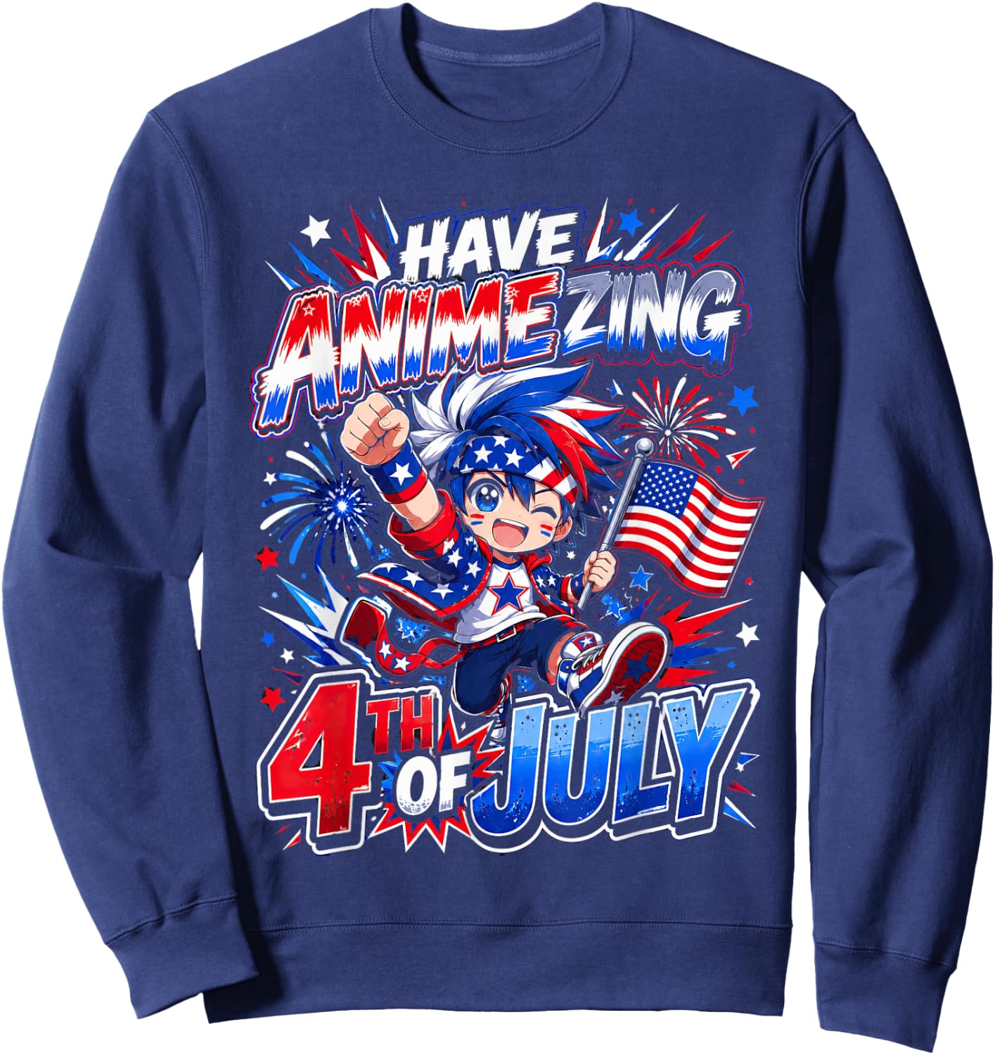 Animezing 4th of July Patriotic Anime Fan USA Sweatshirt - Sweatshirt | Navy
