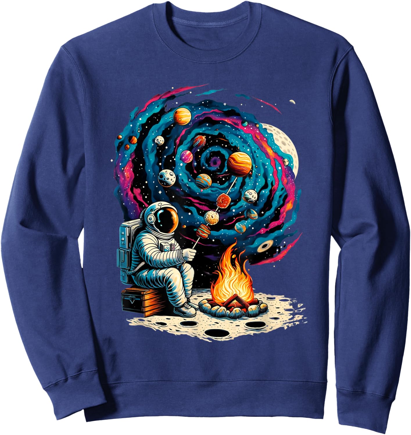 Interstellar Adventure Art & Apparel Funny Astronaut Roasting Marshmallows Camping with Planets , Small, Black Sweatshirt - Sweatshirt | Navy