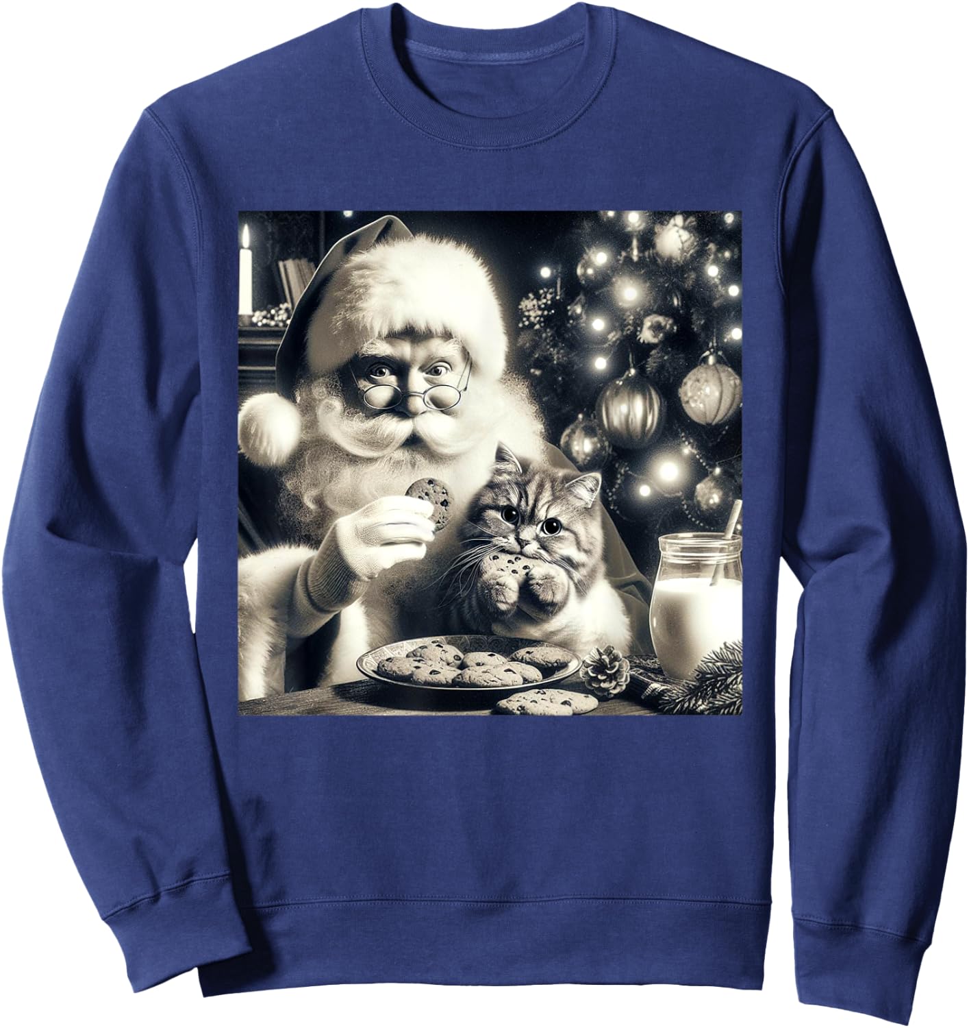Vintage Cat Santa Photo Eating Cookies And Milk Christmas Men Women Sweatshirt - Sweatshirt | Navy