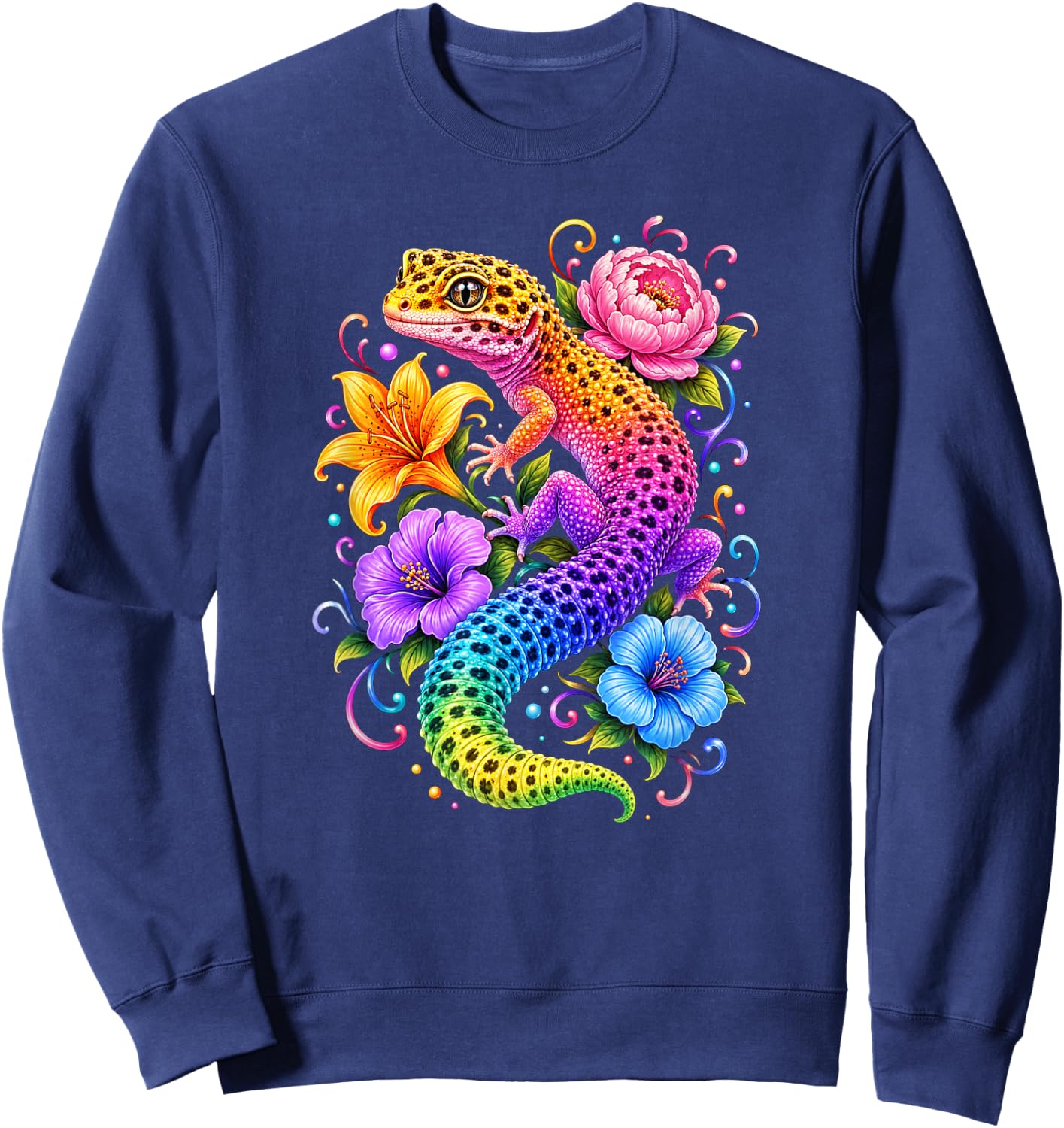 Colorful Cute Leopard Gecko Flowers Rainbow Women Girls Kids Sweatshirt - Sweatshirt | Navy