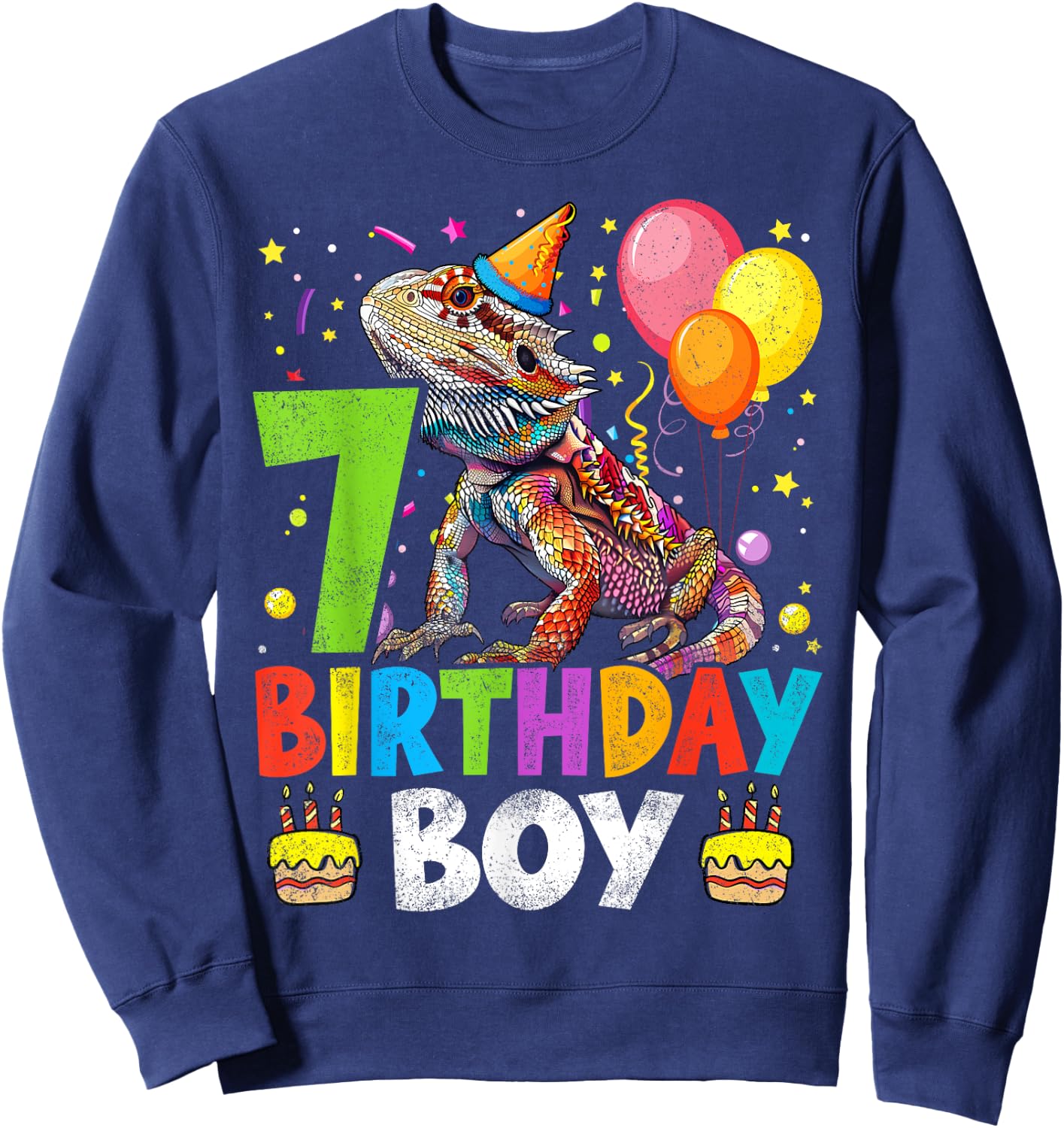 7th Birthday Boy Bearded Dragon 7 Years Old Bday Party Sweatshirt - Sweatshirt | Navy