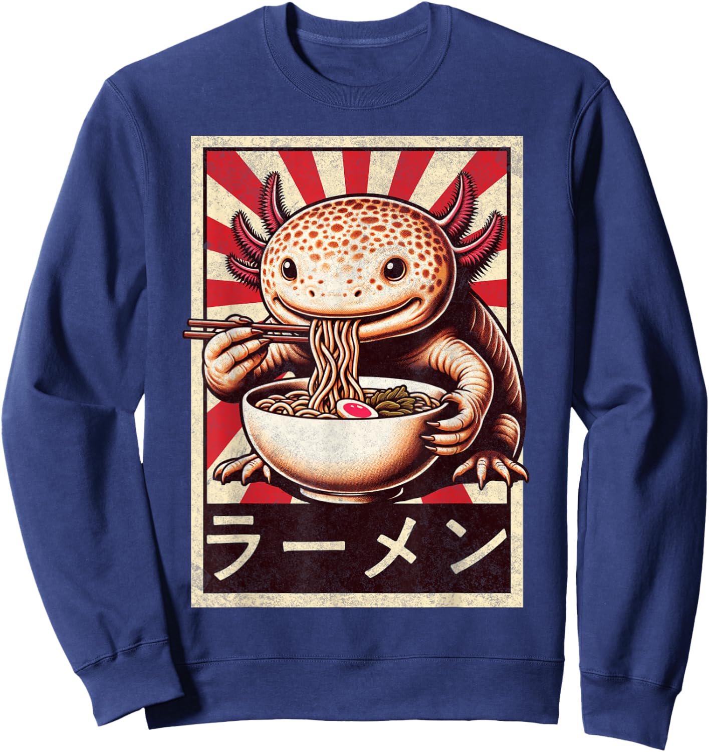 Funny Vintage Axolotl Eating Ramen. Anime Axolotl Ramen Sweatshirt - Sweatshirt | Navy